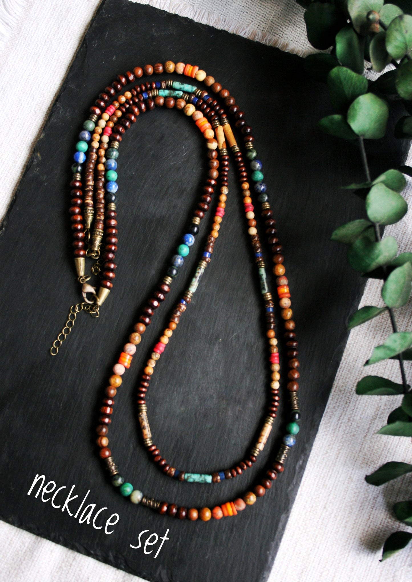 Southwest Style Layered Beaded Necklace Set, Gemstone Wood Necklace, Turquoise & Jasper Boho Jewelry