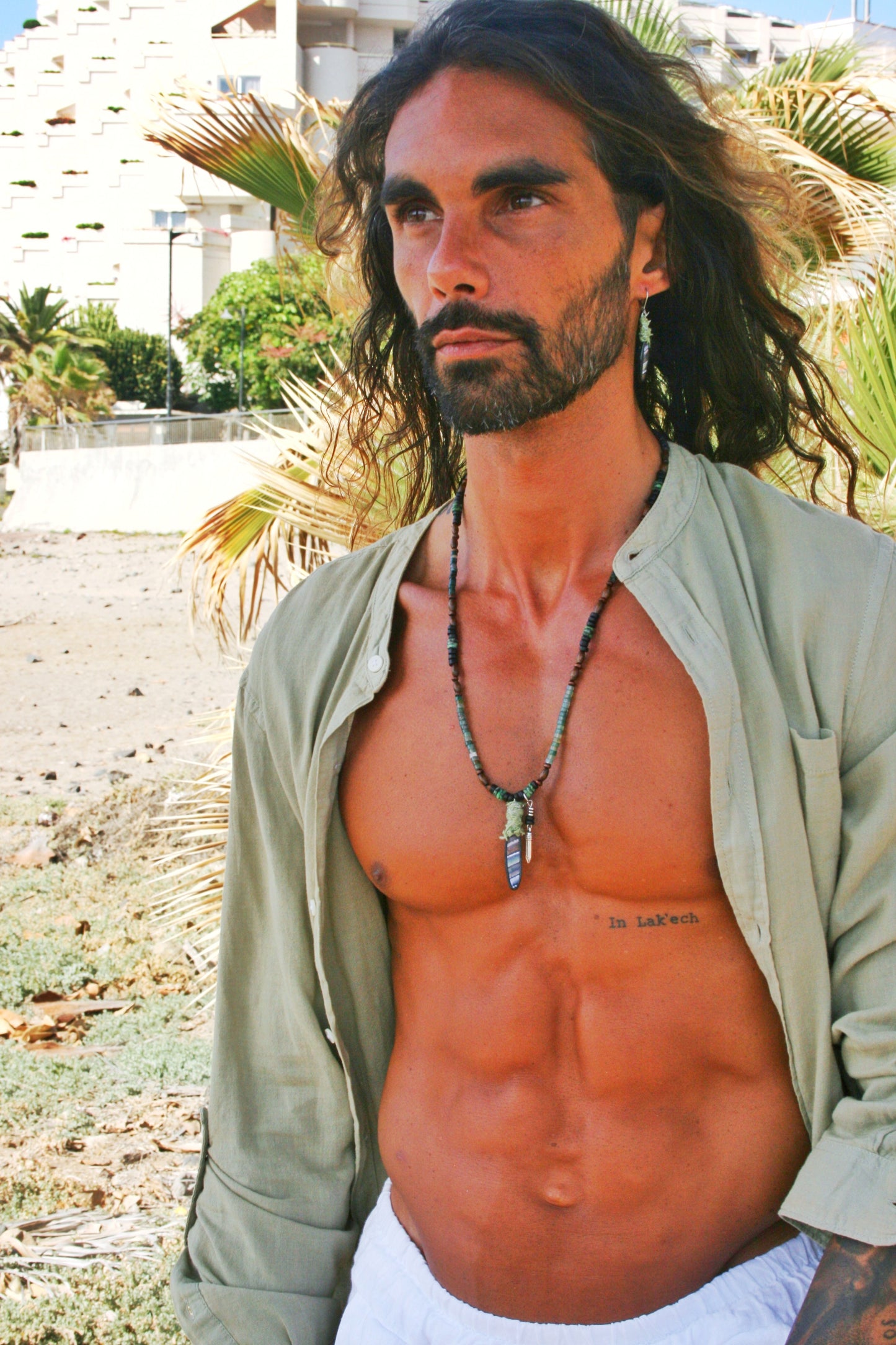 Mens Moss Agate Necklace with Spike Pendant – Handmade Wood & Coconut Beaded Boho Necklace