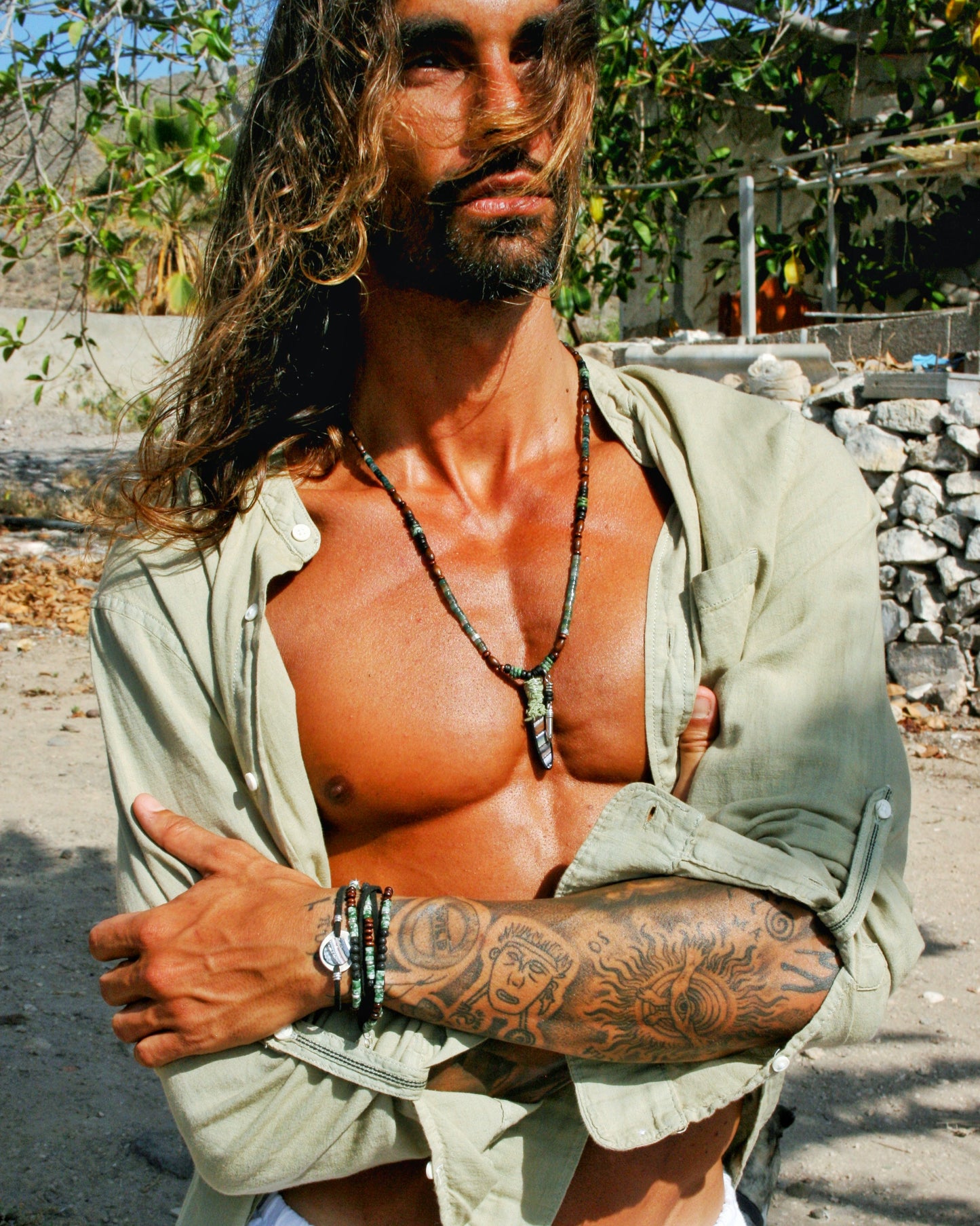 Mens Moss Agate Necklace with Spike Pendant – Handmade Wood & Coconut Beaded Boho Necklace