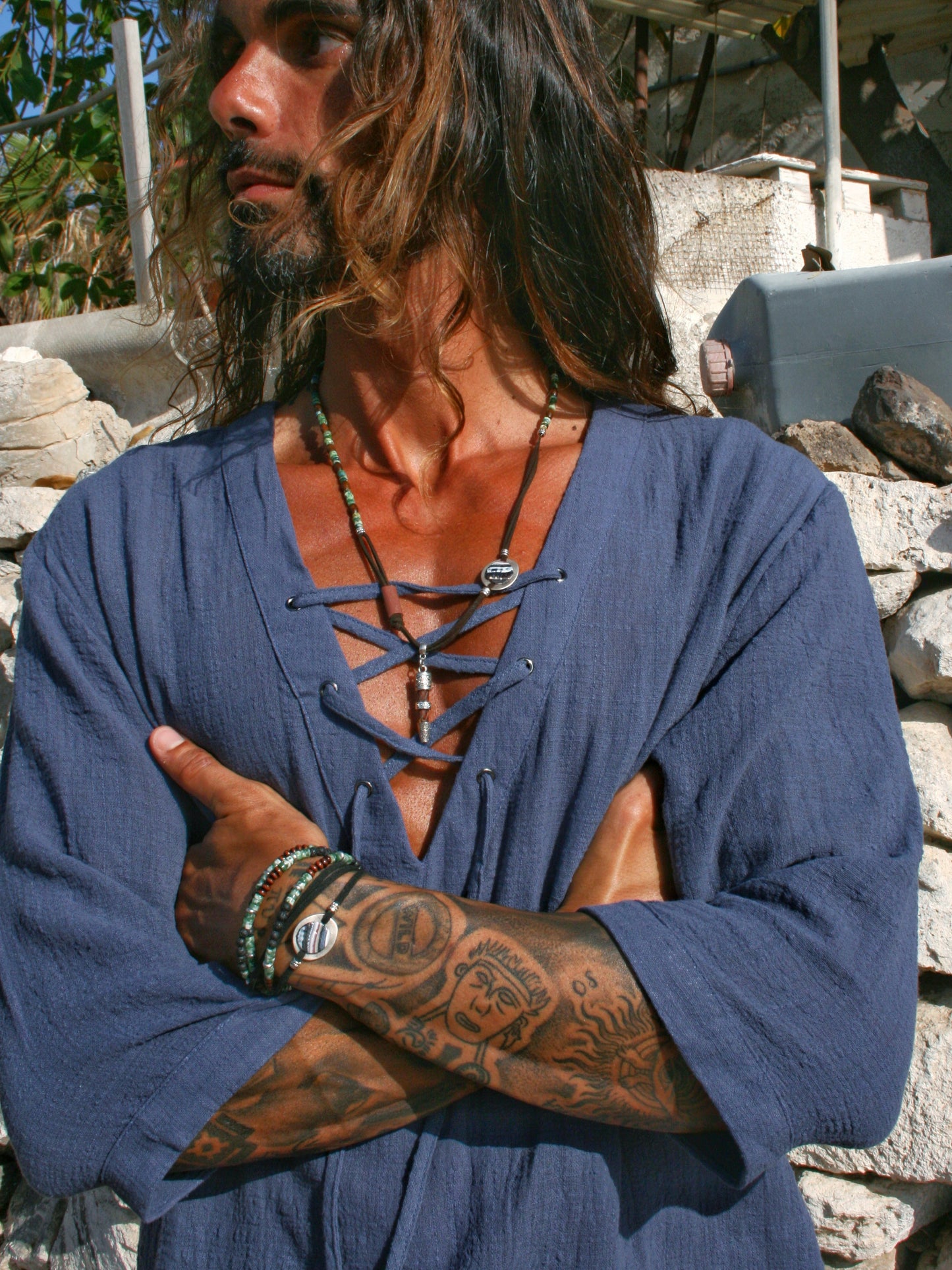 Mens Viking Arrow Necklace: Asymmetric Leather, Gemstone & Beaded Pendant with Matching Bracelet