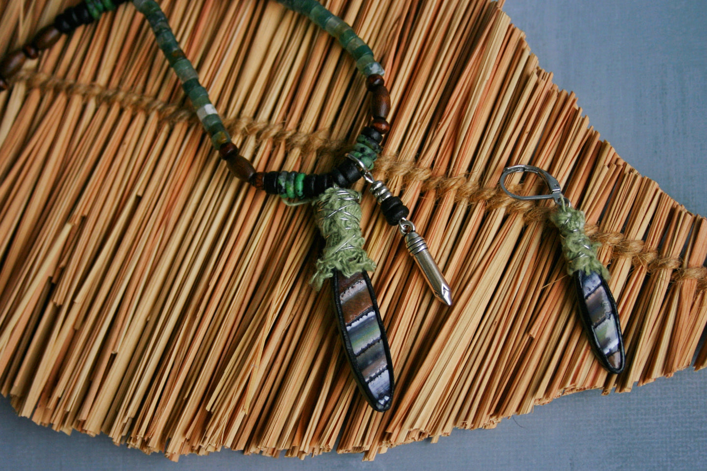 Mens Moss Agate Necklace with Spike Pendant – Handmade Wood & Coconut Beaded Boho Necklace
