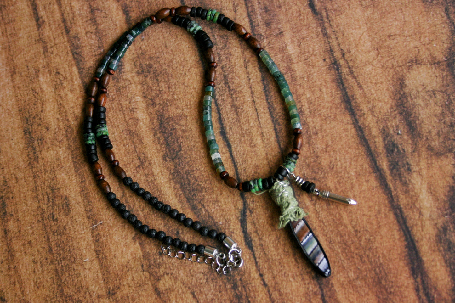 Mens Moss Agate Necklace with Spike Pendant – Handmade Wood & Coconut Beaded Boho Necklace