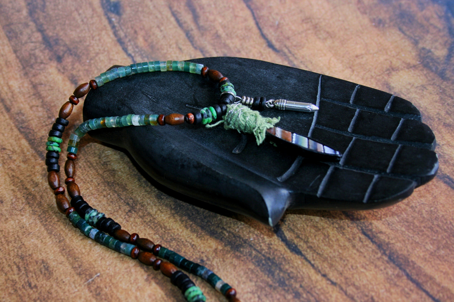 Mens Moss Agate Necklace with Spike Pendant – Handmade Wood & Coconut Beaded Boho Necklace