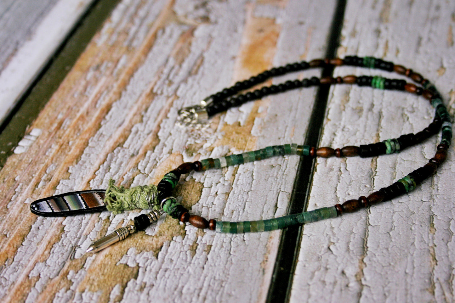 Mens Moss Agate Necklace with Spike Pendant – Handmade Wood & Coconut Beaded Boho Necklace