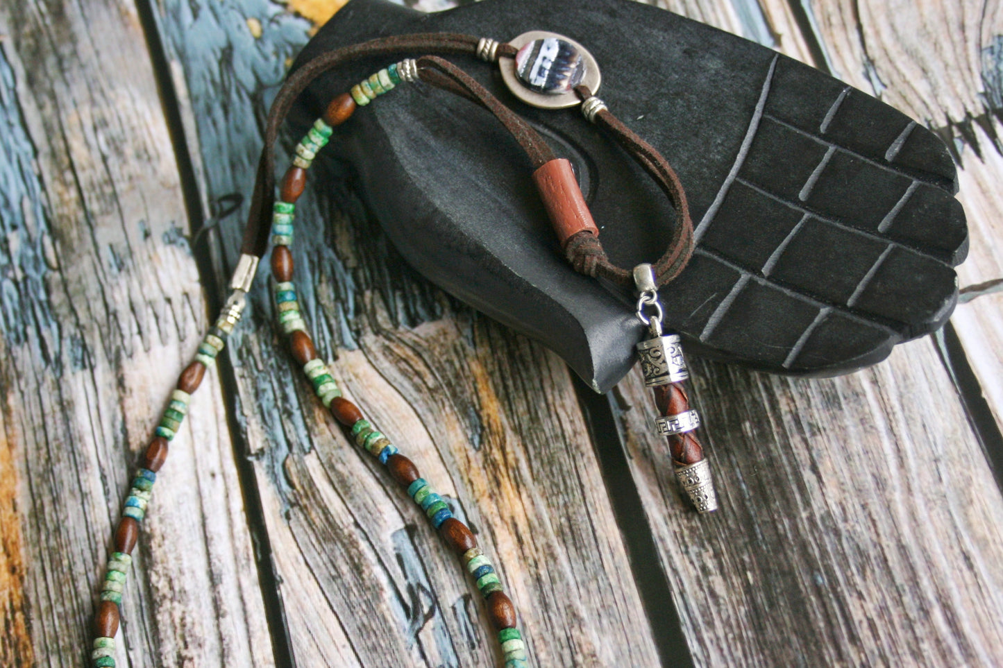 Mens Viking Arrow Necklace: Asymmetric Leather, Gemstone & Beaded Pendant with Matching Bracelet