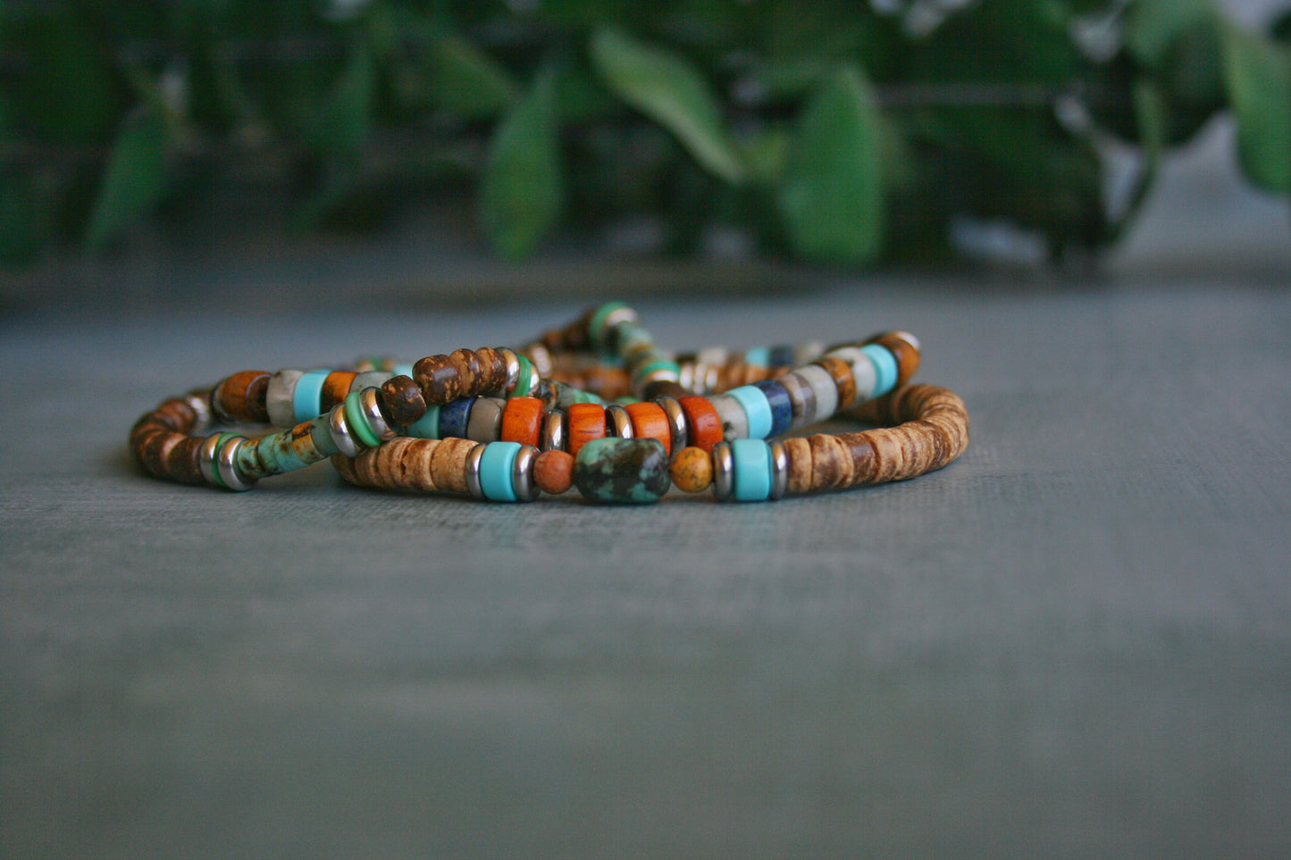 Boho Gemstone & Coconut Bracelet Set – Lapis Lazuli, Chrysocolla & Turquoise Bracelet Stack