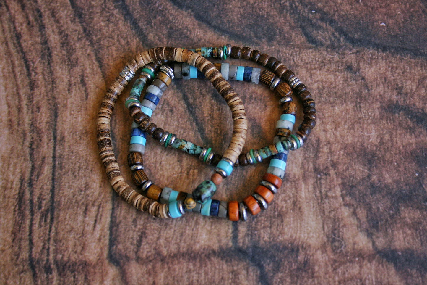 Boho Gemstone & Coconut Bracelet Set – Lapis Lazuli, Chrysocolla & Turquoise Bracelet Stack