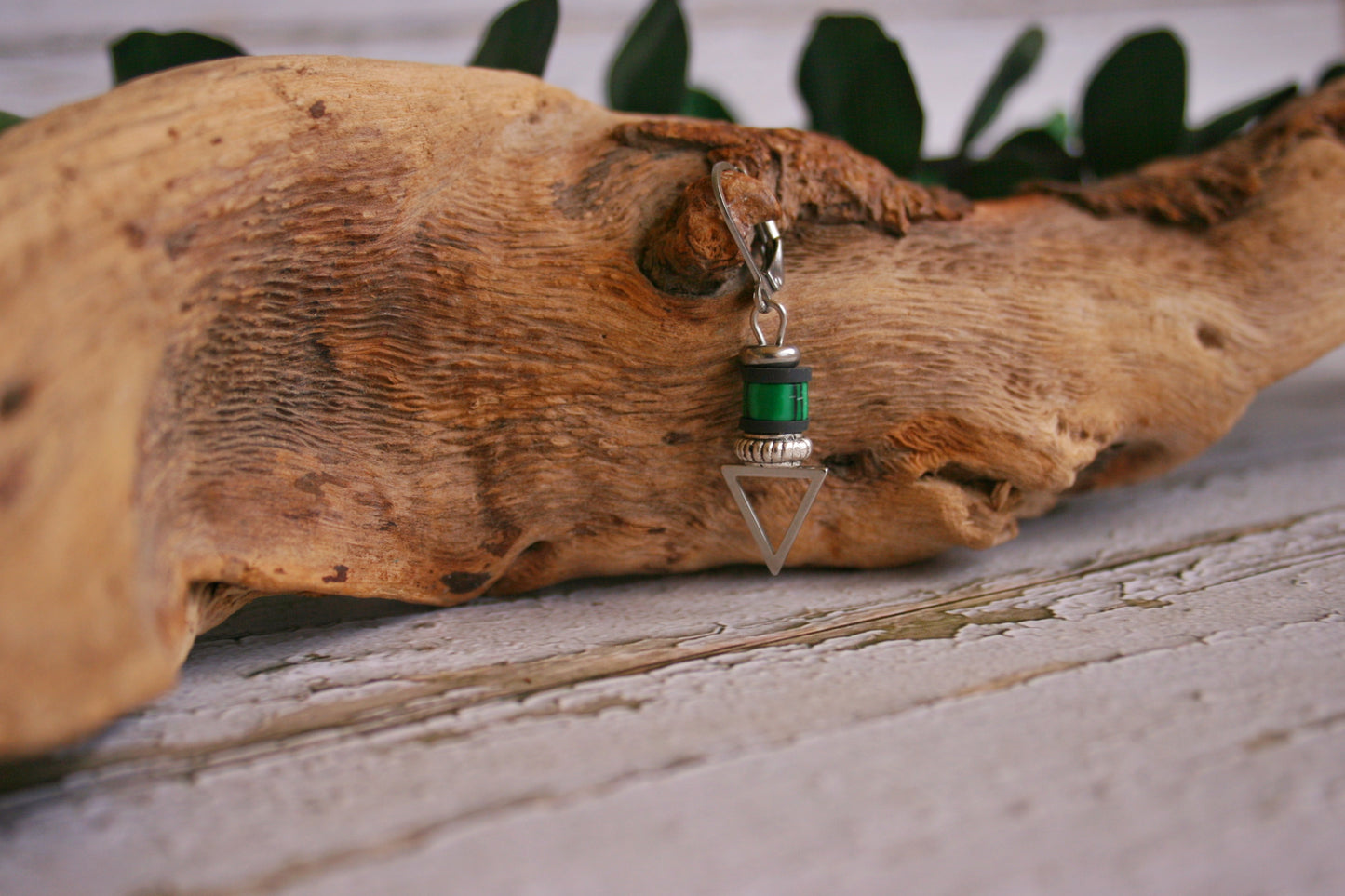 Mens Malachite Triangle Dangle Earring | Green Stone Geometric Stainless Steel