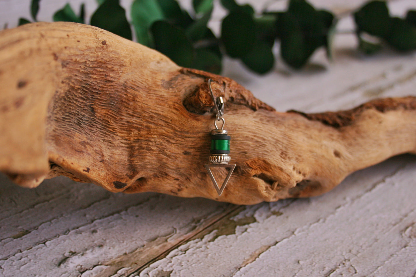 Mens Malachite Triangle Dangle Earring | Green Stone Geometric Stainless Steel