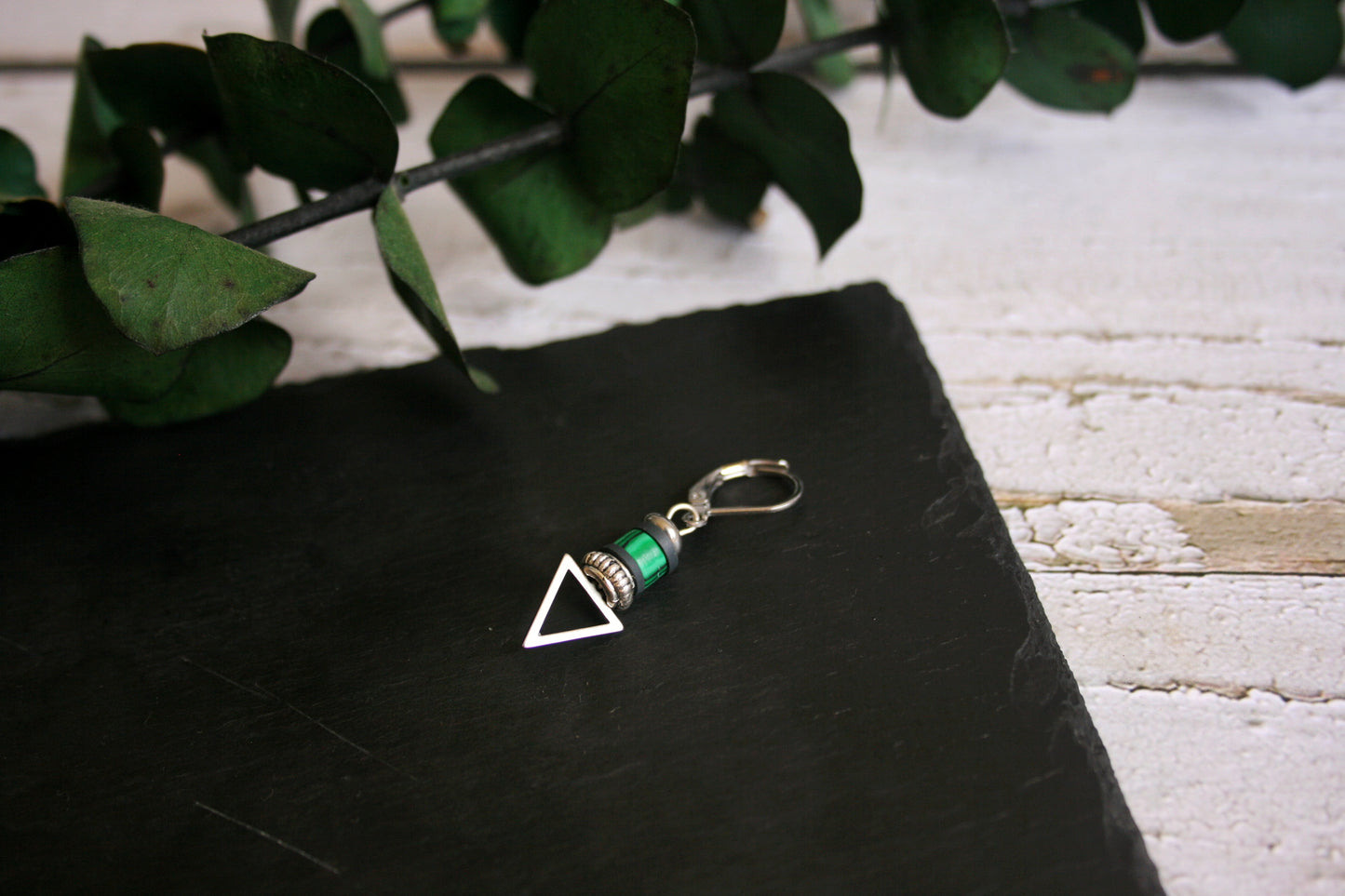 Mens Malachite Triangle Dangle Earring | Green Stone Geometric Stainless Steel