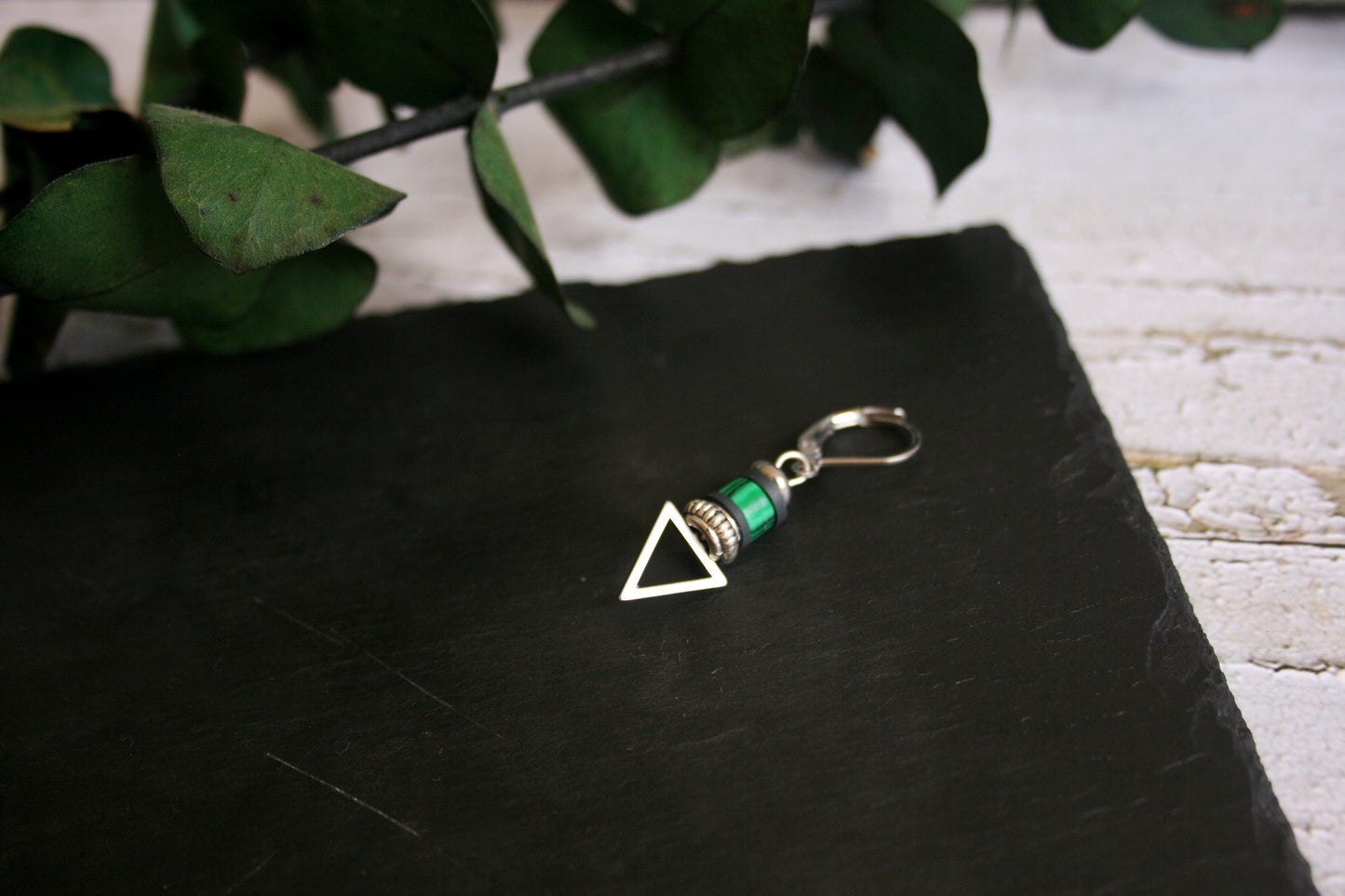 Mens Malachite Triangle Dangle Earring | Green Stone Geometric Stainless Steel