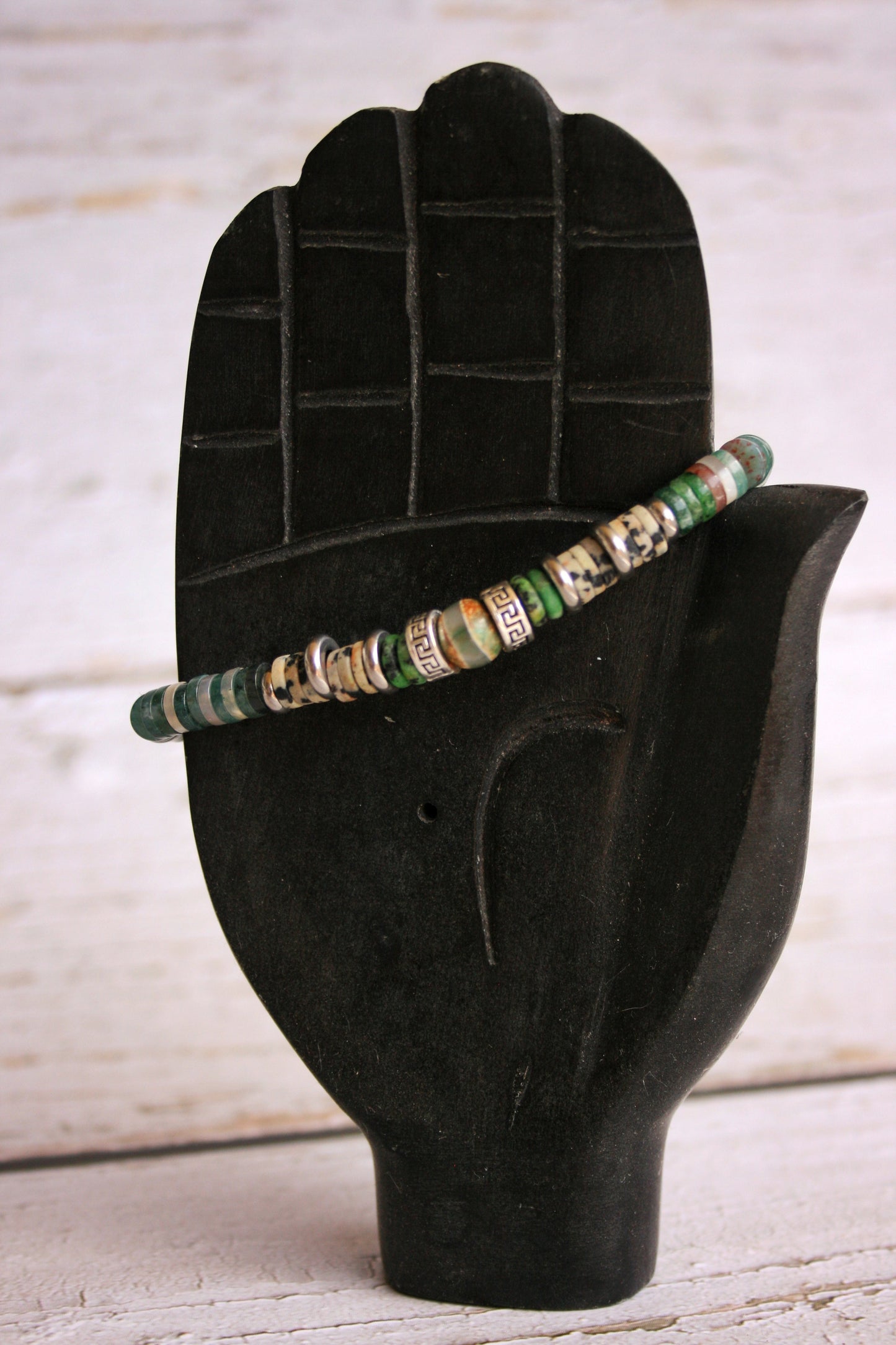 Tibetan Agate Beaded Bracelet for Men – Moss Agate, Kiwi Stone & Jasper Chip Stretch Bracelet