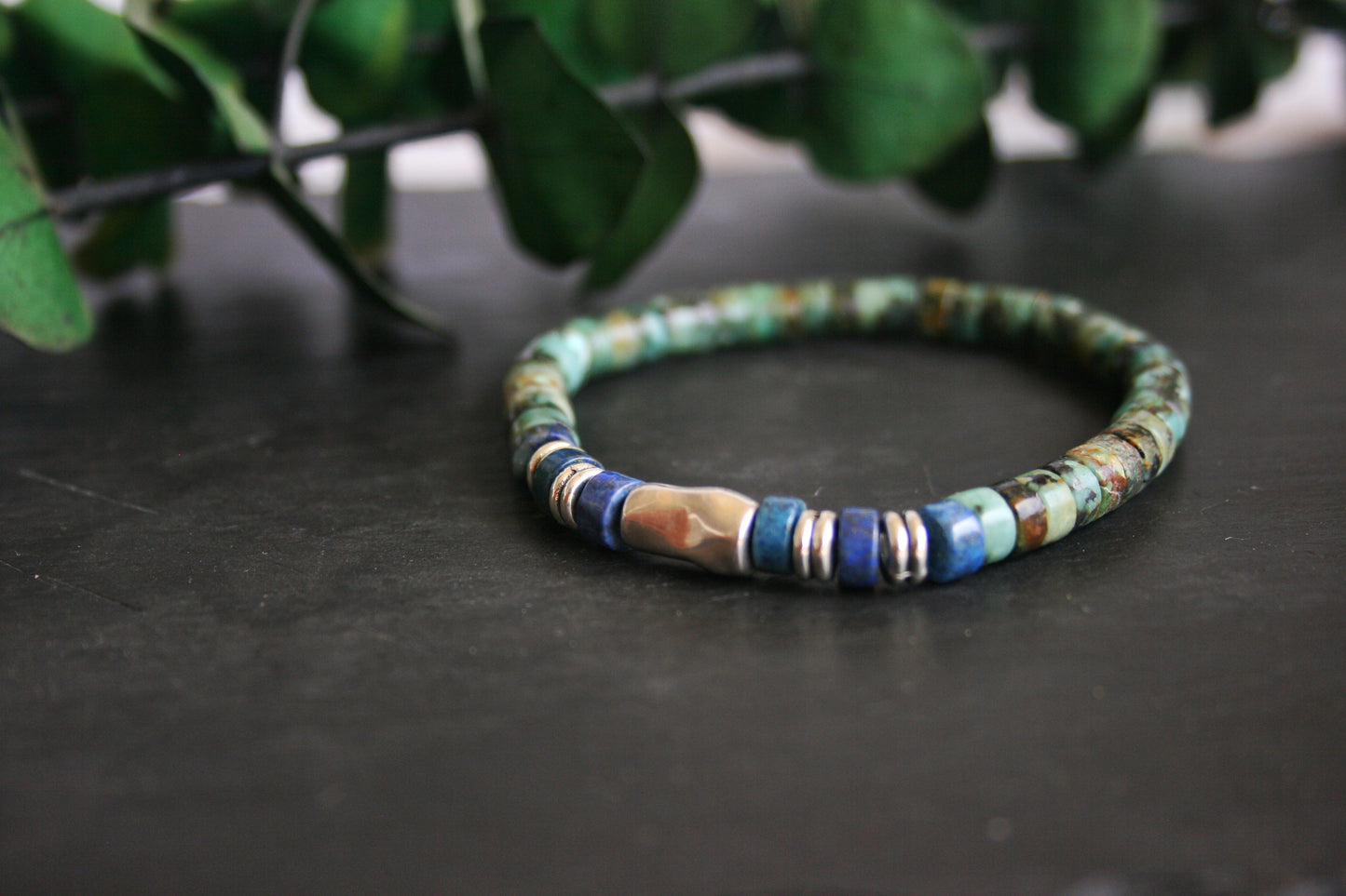 Men's African Turquoise & Lapis Lazuli Beaded Bracelet, Silver Tube Bracelet, Handmade Gemstone Jewelry