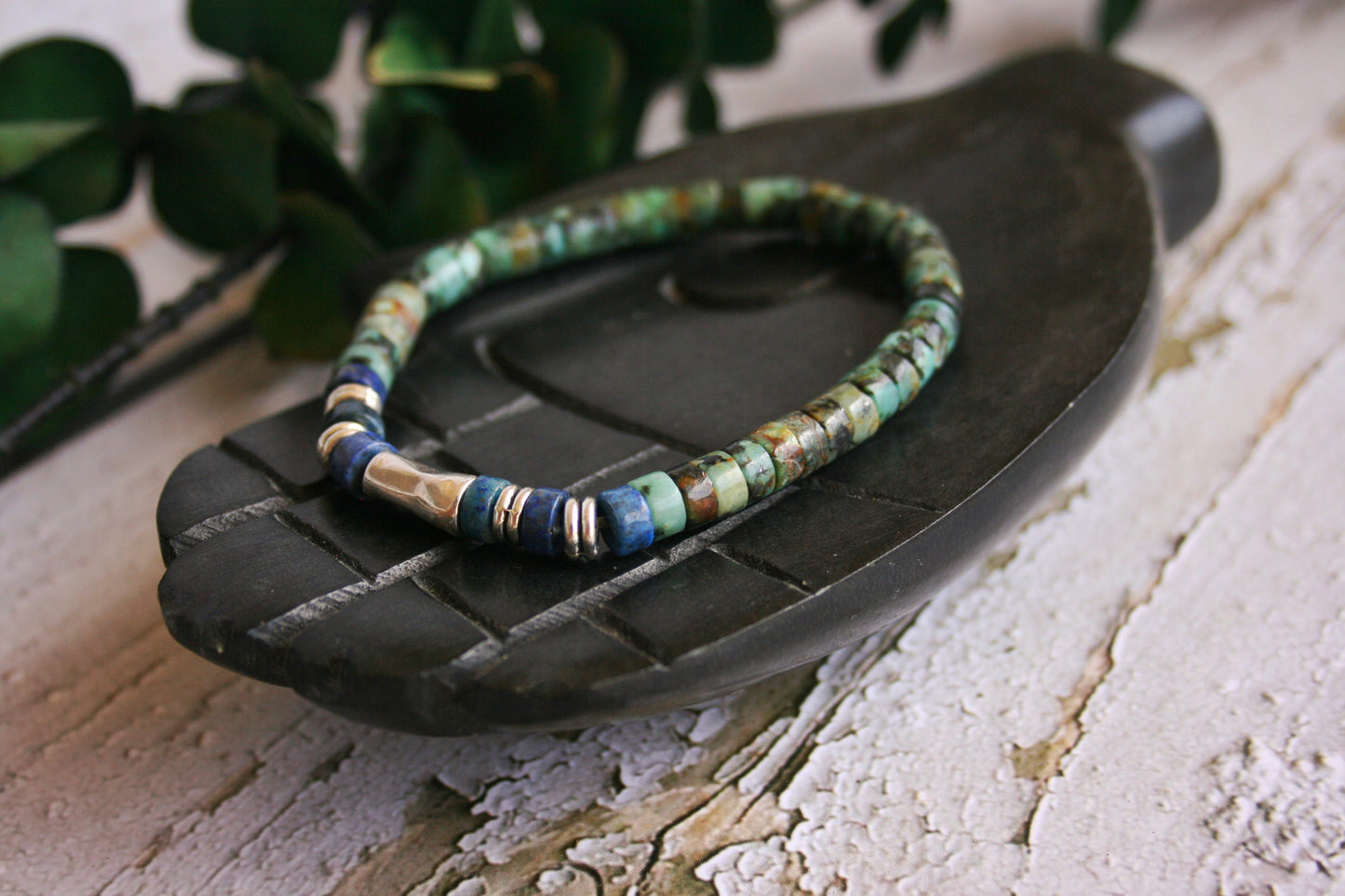 Men's African Turquoise & Lapis Lazuli Beaded Bracelet, Silver Tube Bracelet, Handmade Gemstone Jewelry