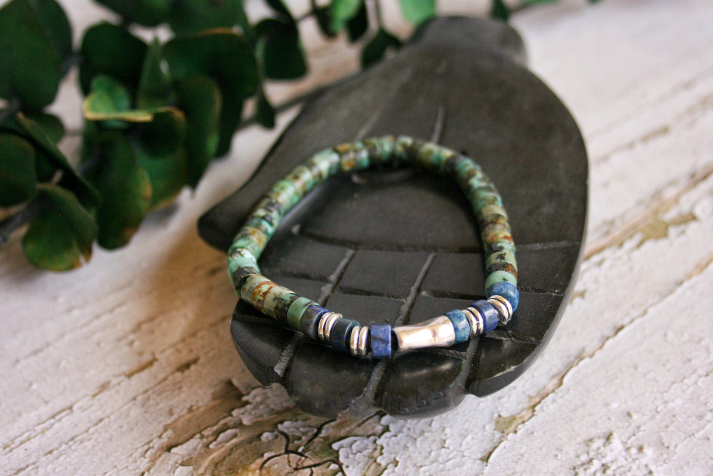 Men's African Turquoise & Lapis Lazuli Beaded Bracelet, Silver Tube Bracelet, Handmade Gemstone Jewelry