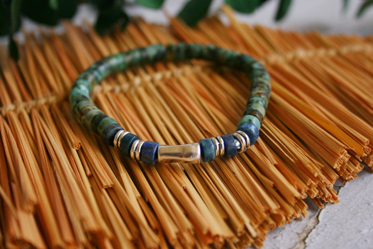 Men's African Turquoise & Lapis Lazuli Beaded Bracelet, Silver Tube Bracelet, Handmade Gemstone Jewelry