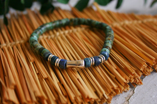 Men's African Turquoise & Lapis Lazuli Beaded Bracelet, Silver Tube Bracelet, Handmade Gemstone Jewelry