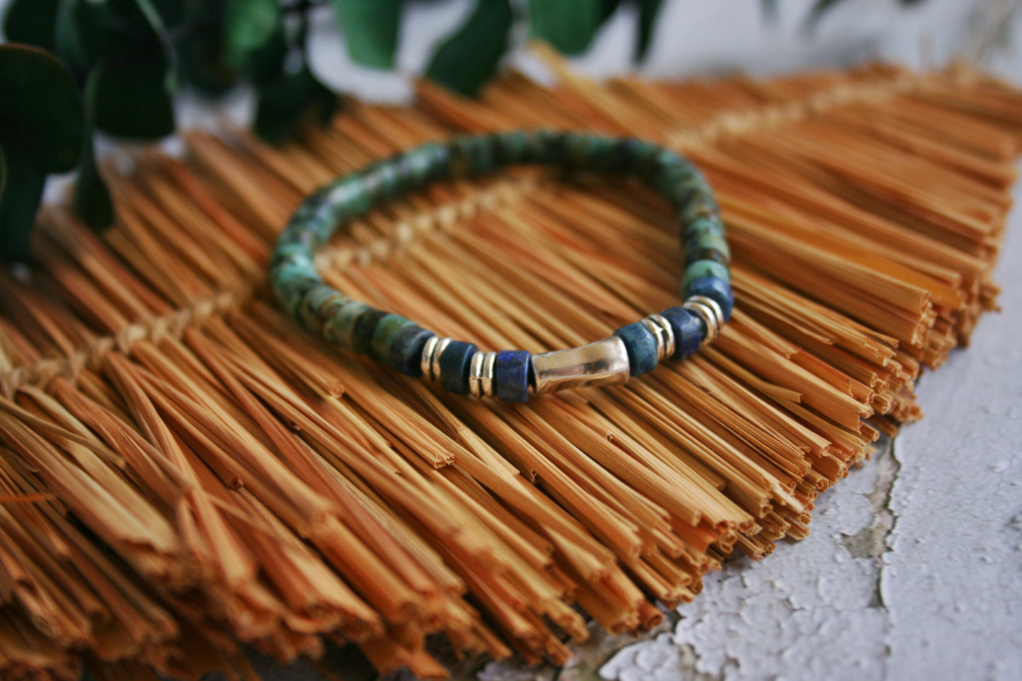 Men's African Turquoise & Lapis Lazuli Beaded Bracelet, Silver Tube Bracelet, Handmade Gemstone Jewelry