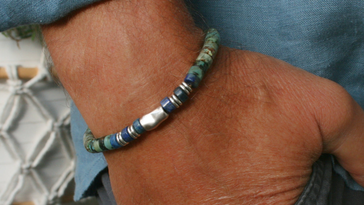 Men's African Turquoise & Lapis Lazuli Beaded Bracelet, Silver Tube Bracelet, Handmade Gemstone Jewelry