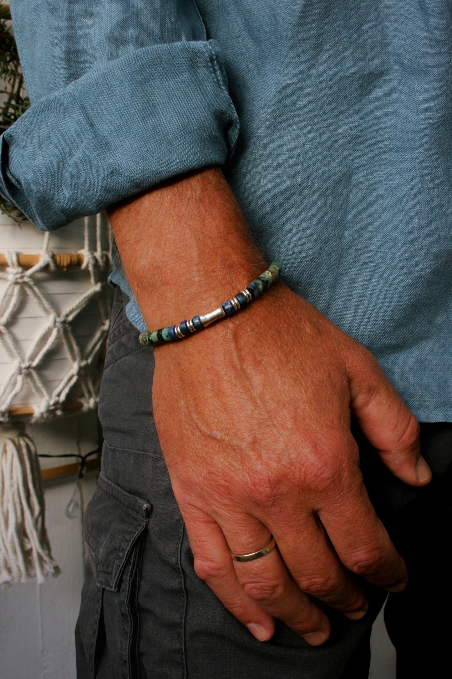 Men's African Turquoise & Lapis Lazuli Beaded Bracelet, Silver Tube Bracelet, Handmade Gemstone Jewelry