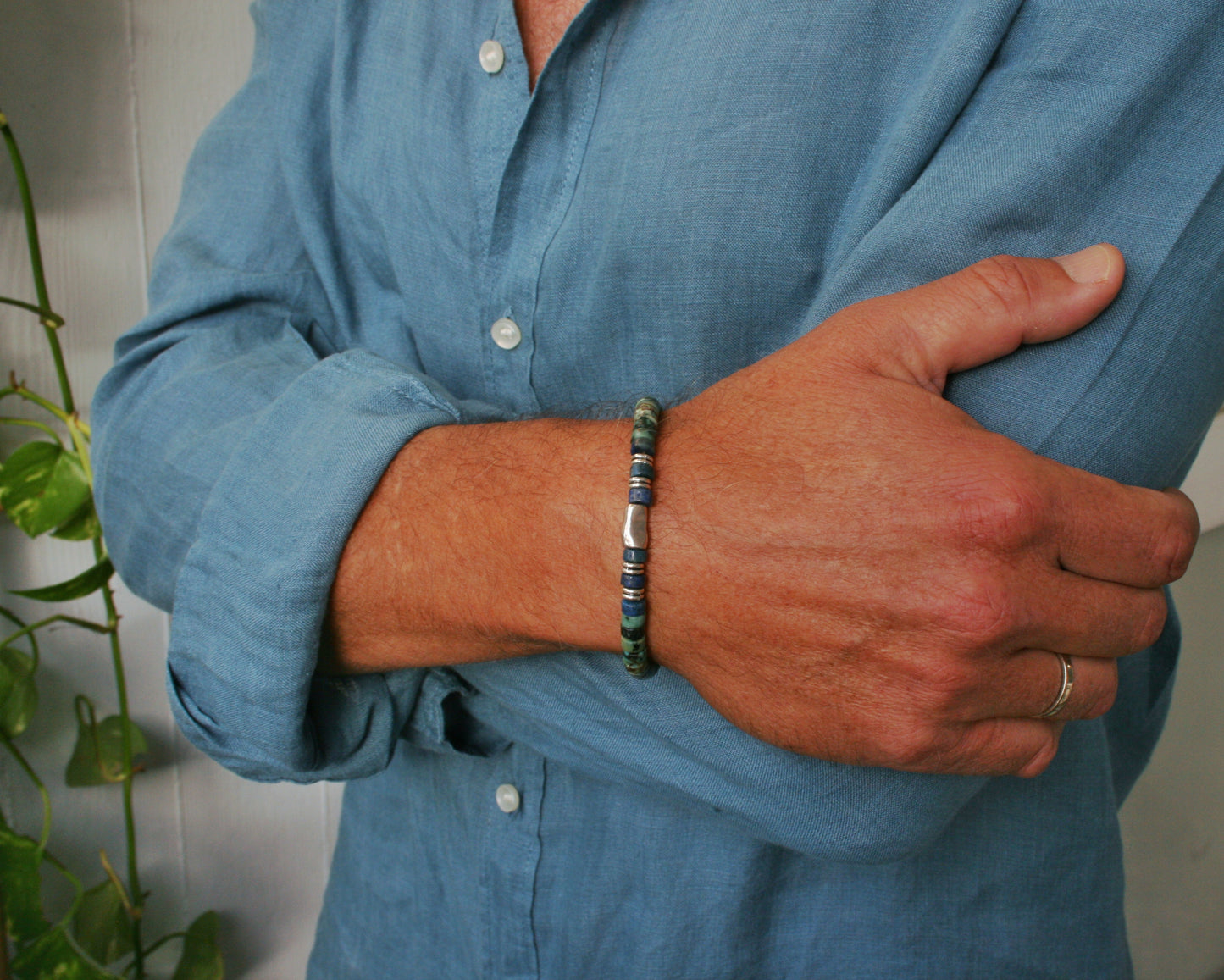 Men's African Turquoise & Lapis Lazuli Beaded Bracelet, Silver Tube Bracelet, Handmade Gemstone Jewelry