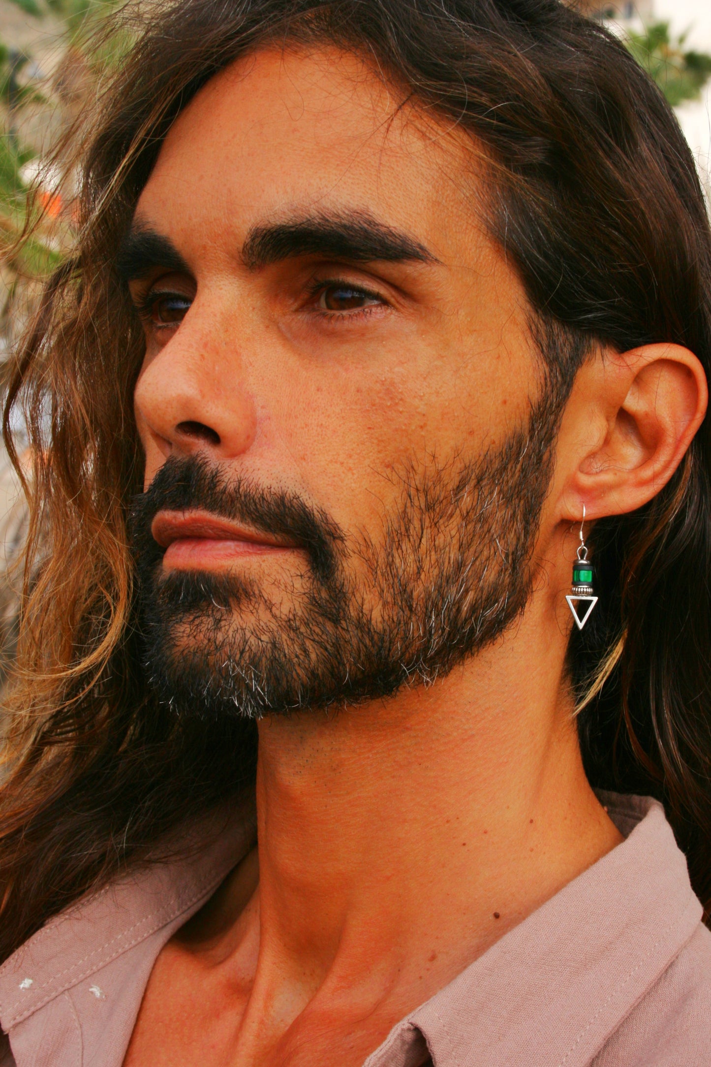Mens Malachite Triangle Dangle Earring | Green Stone Geometric Stainless Steel