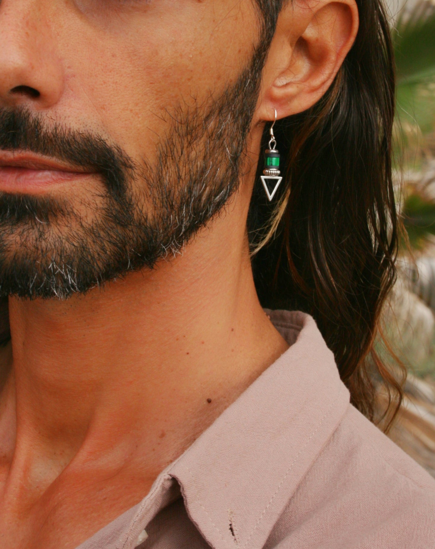 Mens Malachite Triangle Dangle Earring | Green Stone Geometric Stainless Steel
