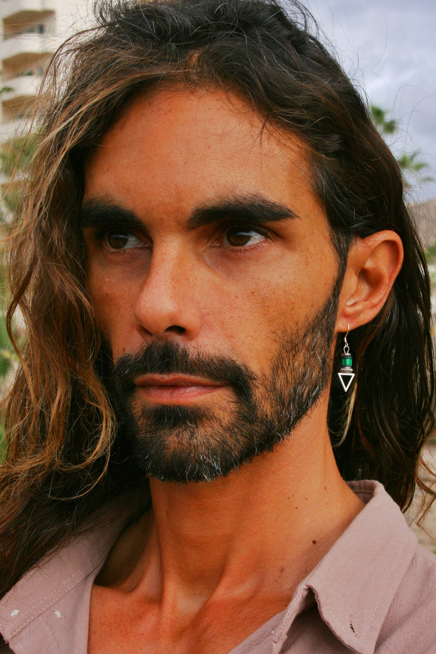 Mens Malachite Triangle Dangle Earring | Green Stone Geometric Stainless Steel