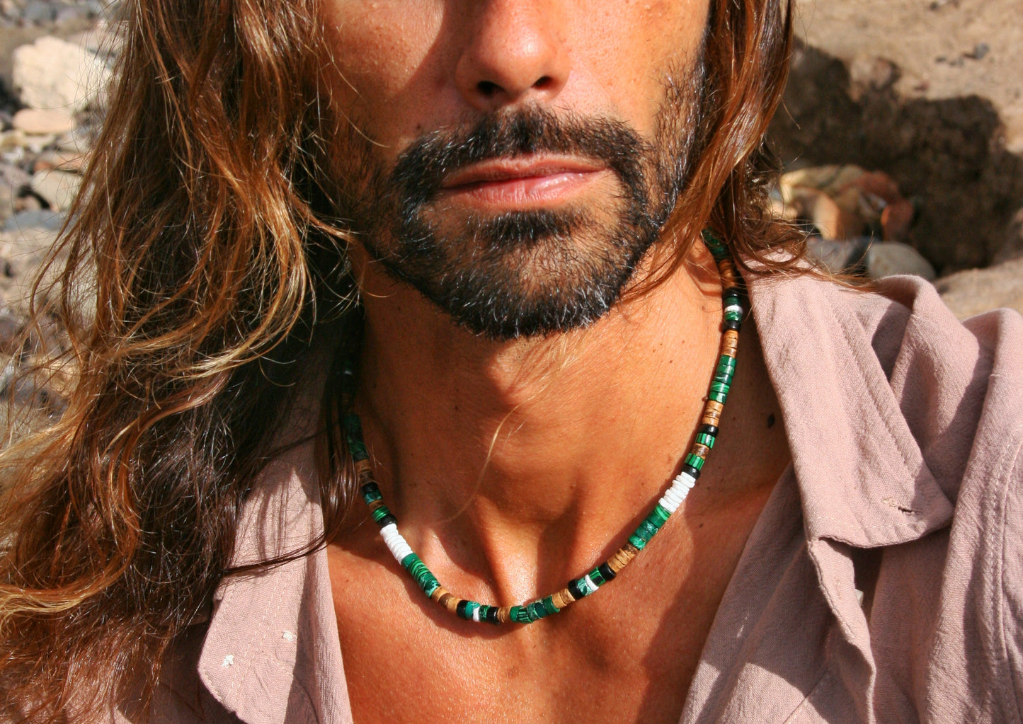 Malachite Heishi Choker Necklace for Men – Green Gemstone Beaded Short Necklace, Minimalist Unisex Jewelry