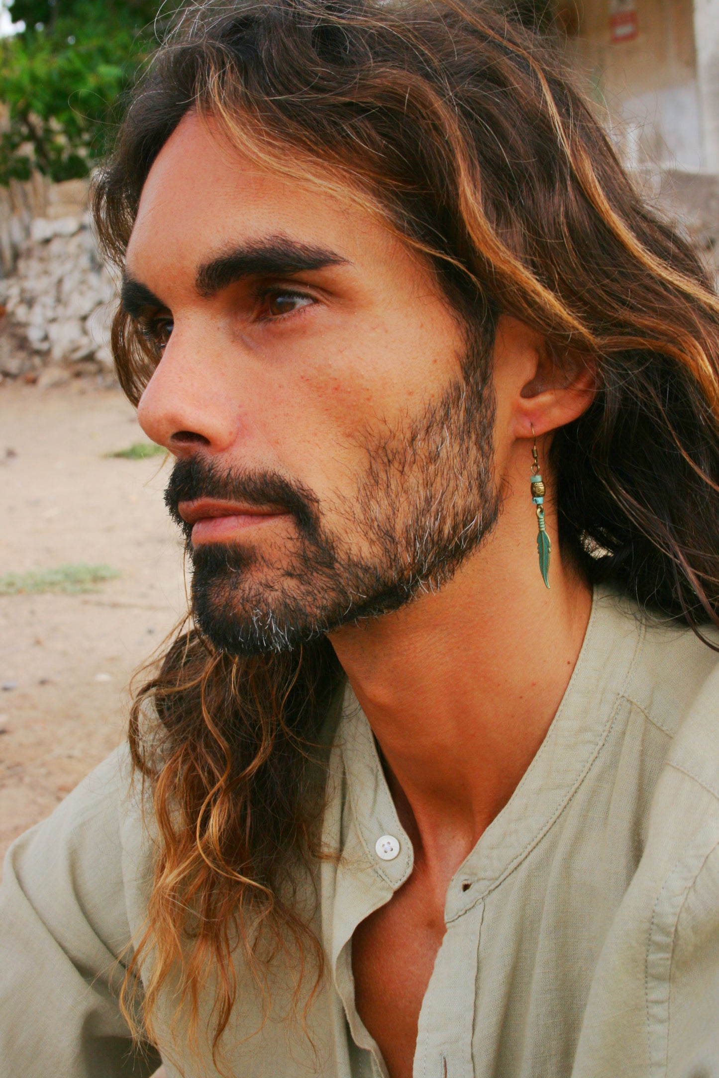 Feather Turquoise Earring for Men – Bronze Dangle Earring, Boho Men's Jewelry, Single Feather Earring, Handmade Gift for Him
