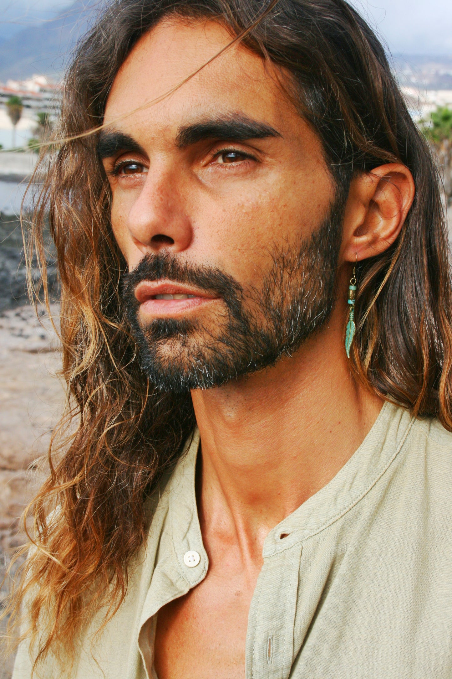 Feather Turquoise Earring for Men – Bronze Dangle Earring, Boho Men's Jewelry, Single Feather Earring, Handmade Gift for Him
