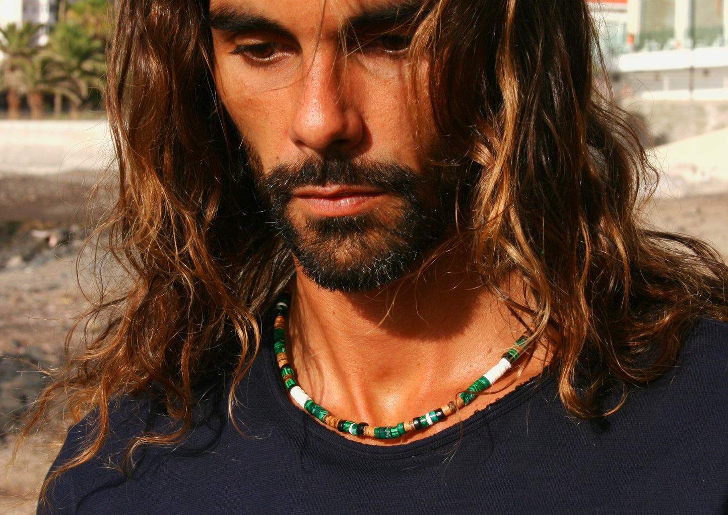 Malachite Heishi Choker Necklace for Men – Green Gemstone Beaded Short Necklace, Minimalist Unisex Jewelry