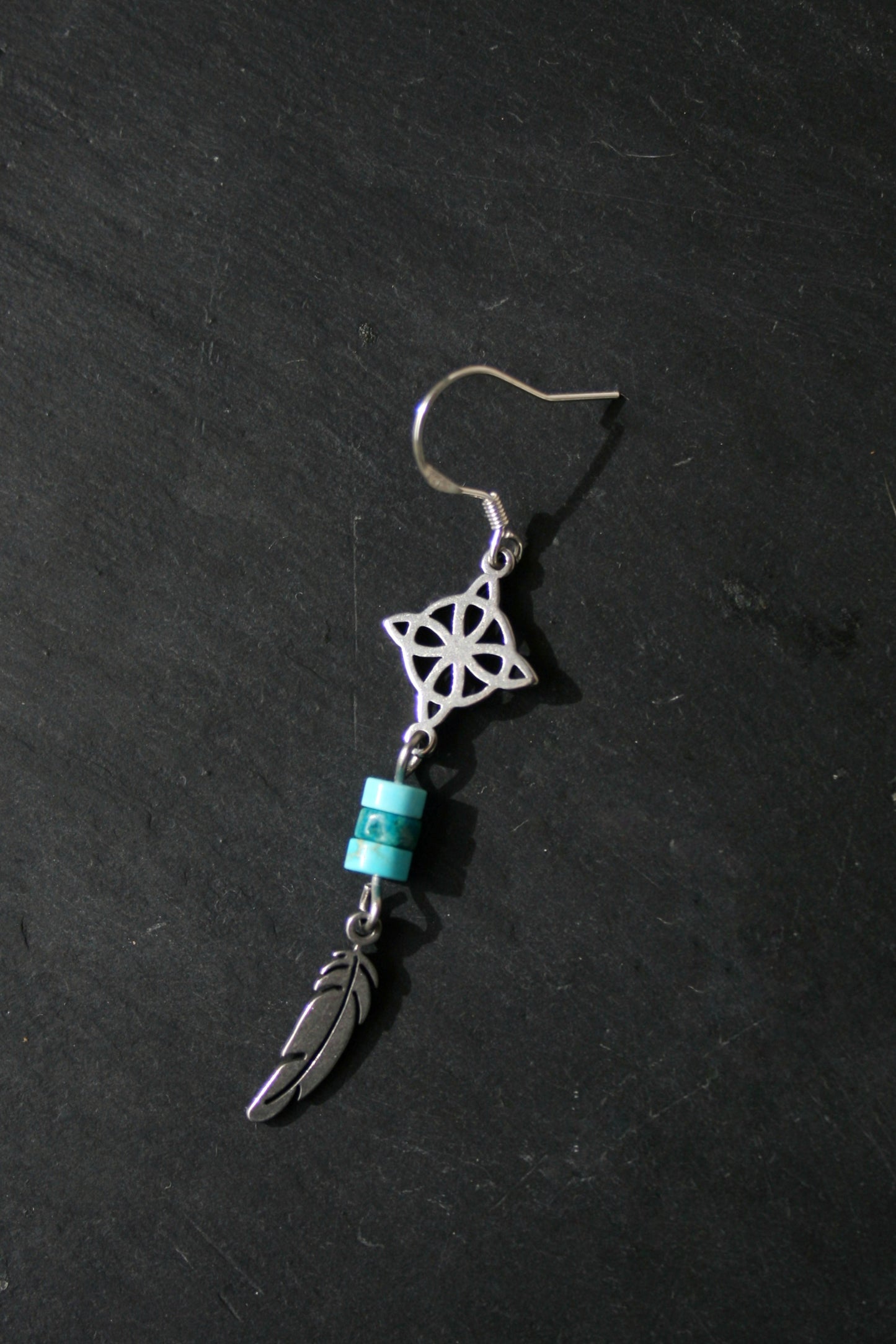 Single Celtic Knot Feather Earring for Men – Turquoise Stainless Steel Witchy Jewelry
