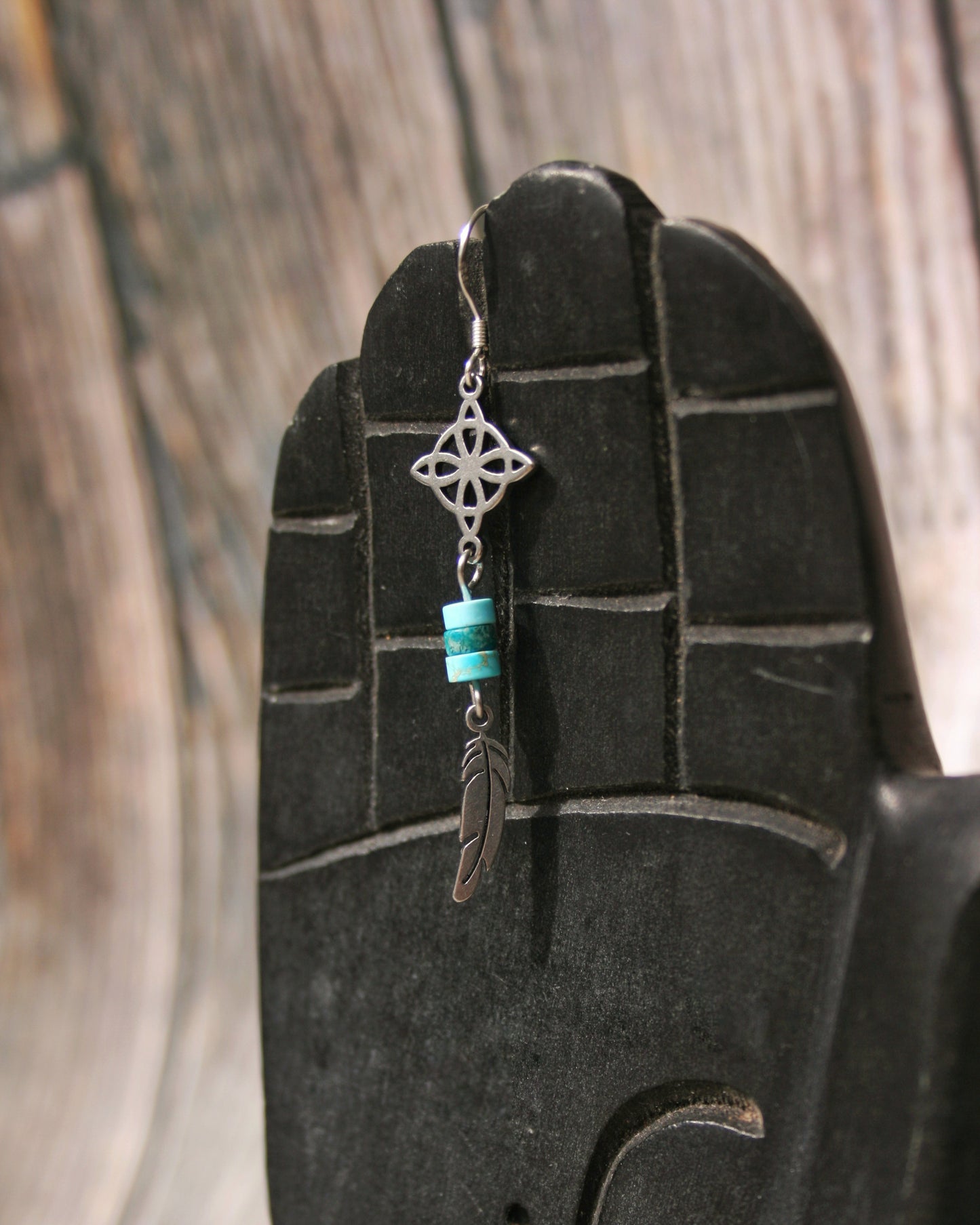 Single Celtic Knot Feather Earring for Men – Turquoise Stainless Steel Witchy Jewelry