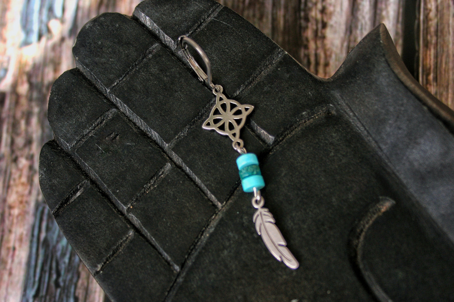 Single Celtic Knot Feather Earring for Men – Turquoise Stainless Steel Witchy Jewelry