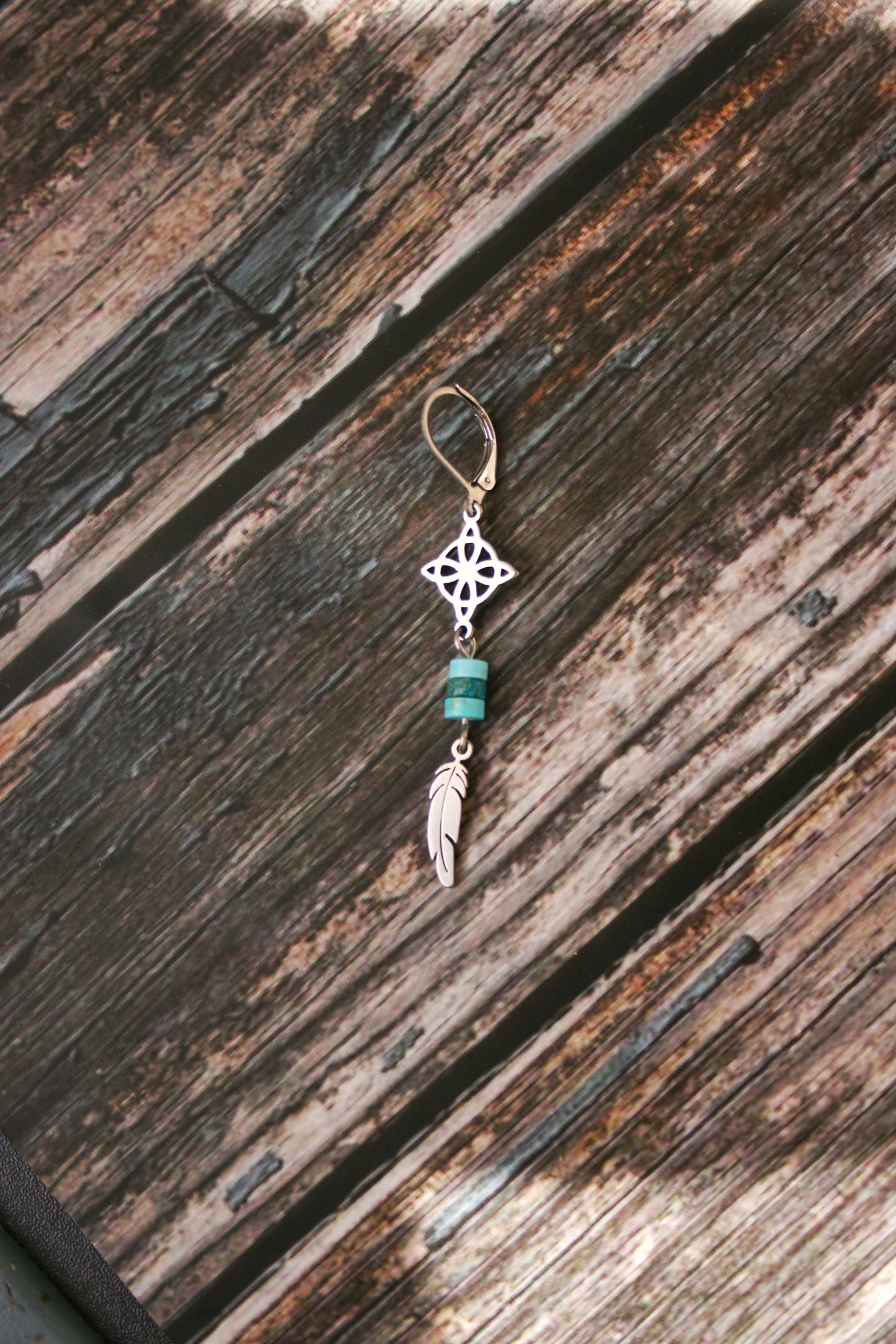 Single Celtic Knot Feather Earring for Men – Turquoise Stainless Steel Witchy Jewelry
