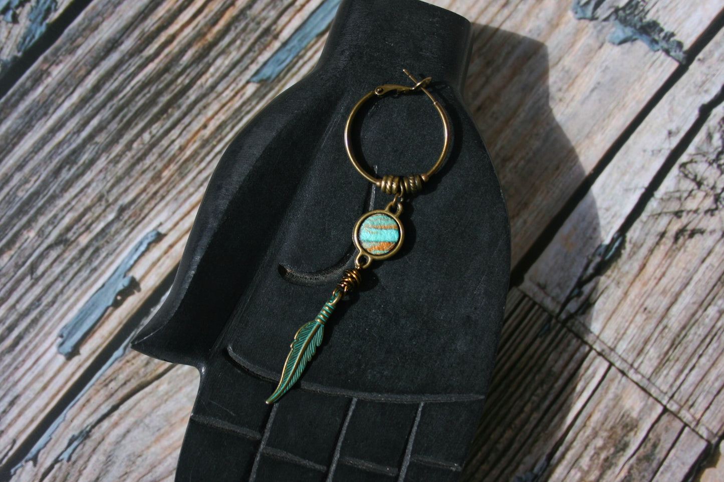 Handmade Bronze Hoop Feather Earring – Polymer Clay Dangle Boho Single Earring