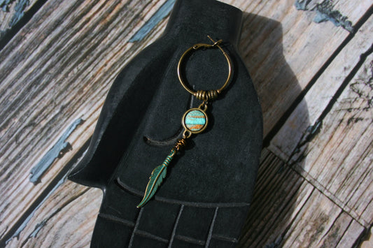 Handmade Bronze Hoop Feather Earring – Polymer Clay Dangle Boho Single Earring