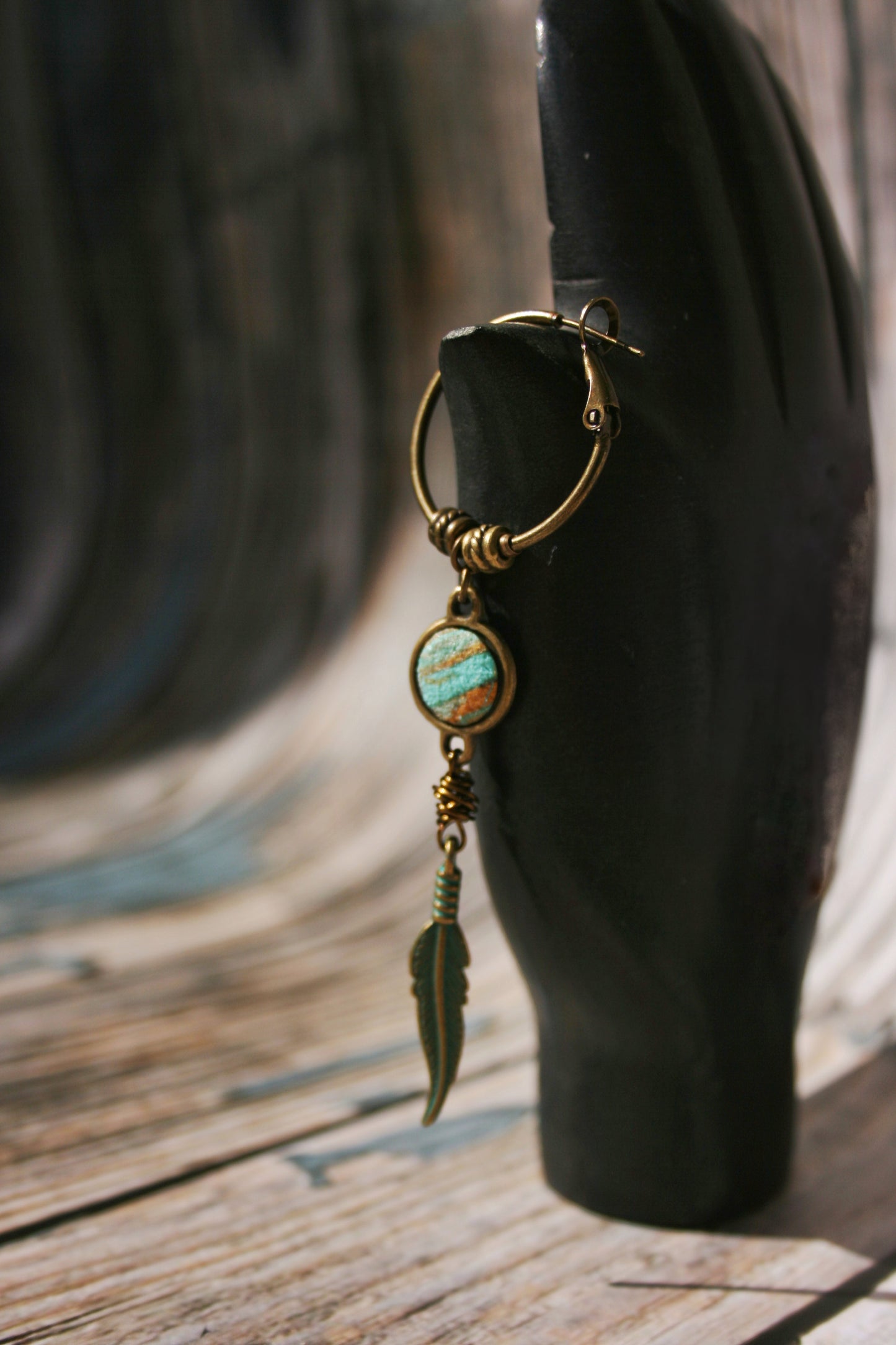 Handmade Bronze Hoop Feather Earring – Polymer Clay Dangle Boho Single Earring