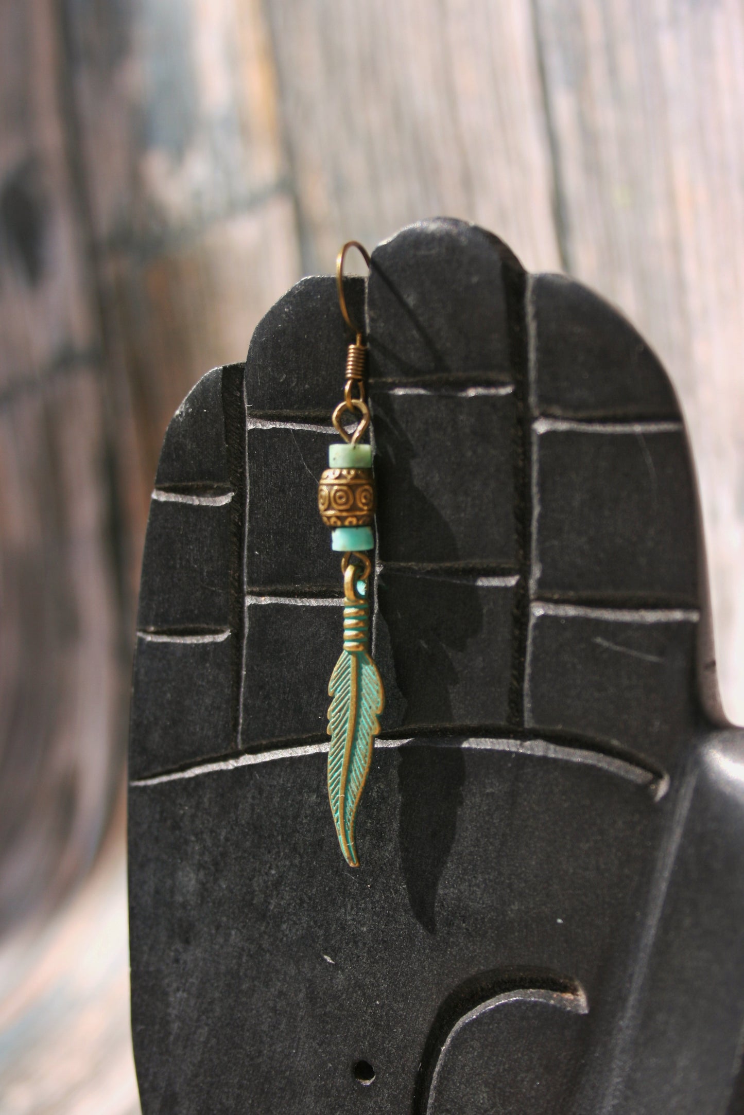 Feather Turquoise Earring for Men – Bronze Dangle Earring, Boho Men's Jewelry, Single Feather Earring, Handmade Gift for Him