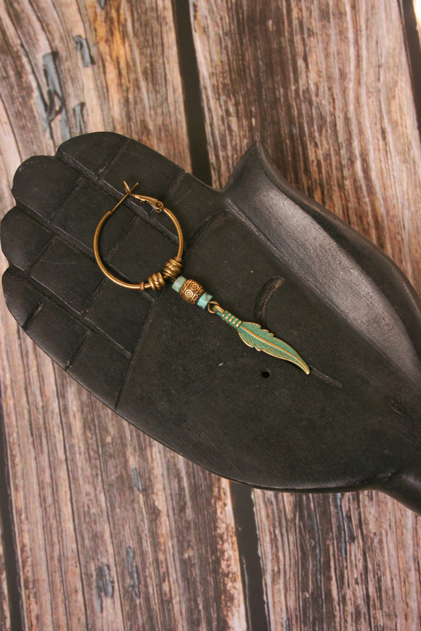 Feather Turquoise Earring for Men – Bronze Dangle Earring, Boho Men's Jewelry, Single Feather Earring, Handmade Gift for Him