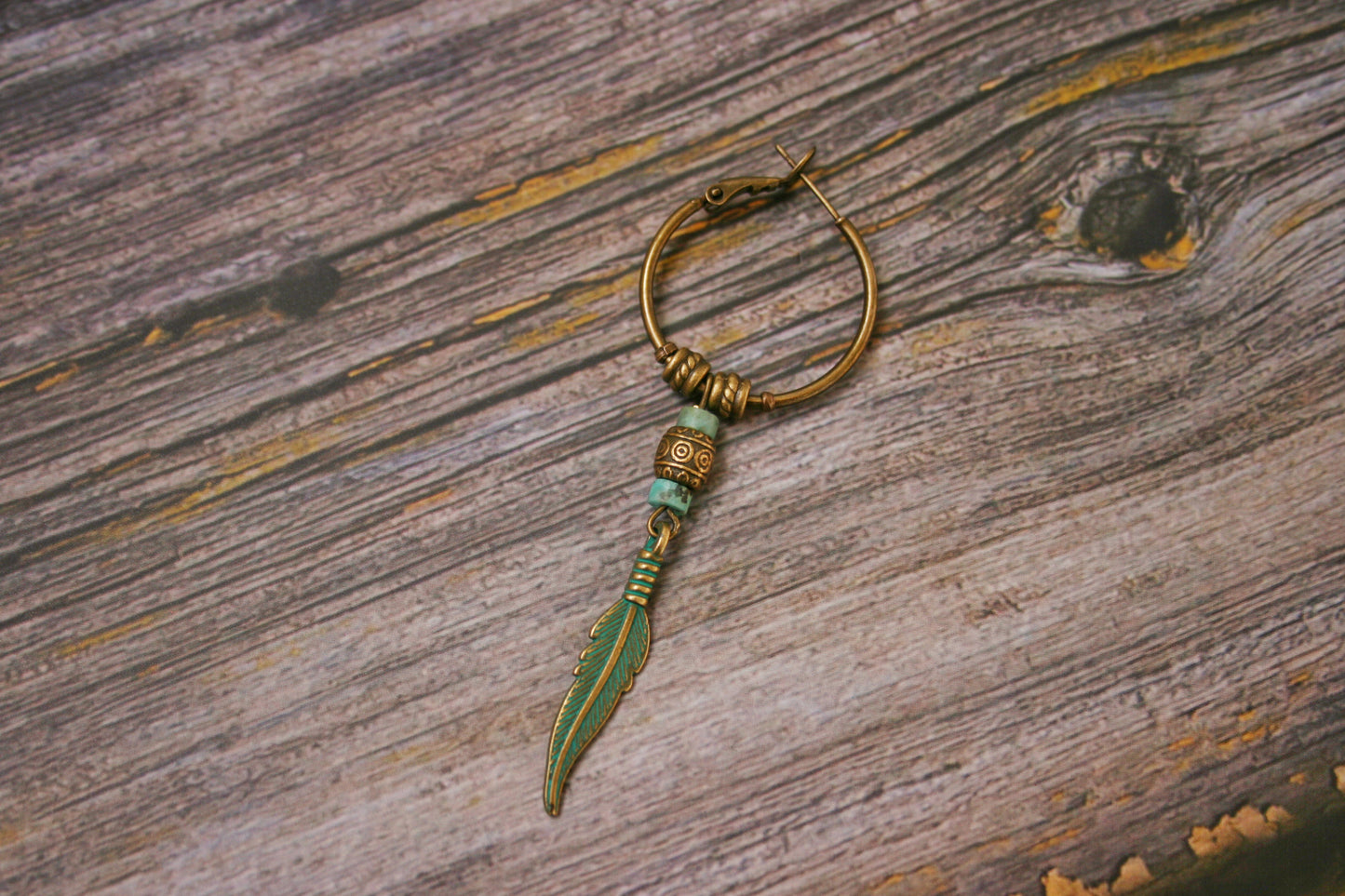 Feather Turquoise Earring for Men – Bronze Dangle Earring, Boho Men's Jewelry, Single Feather Earring, Handmade Gift for Him