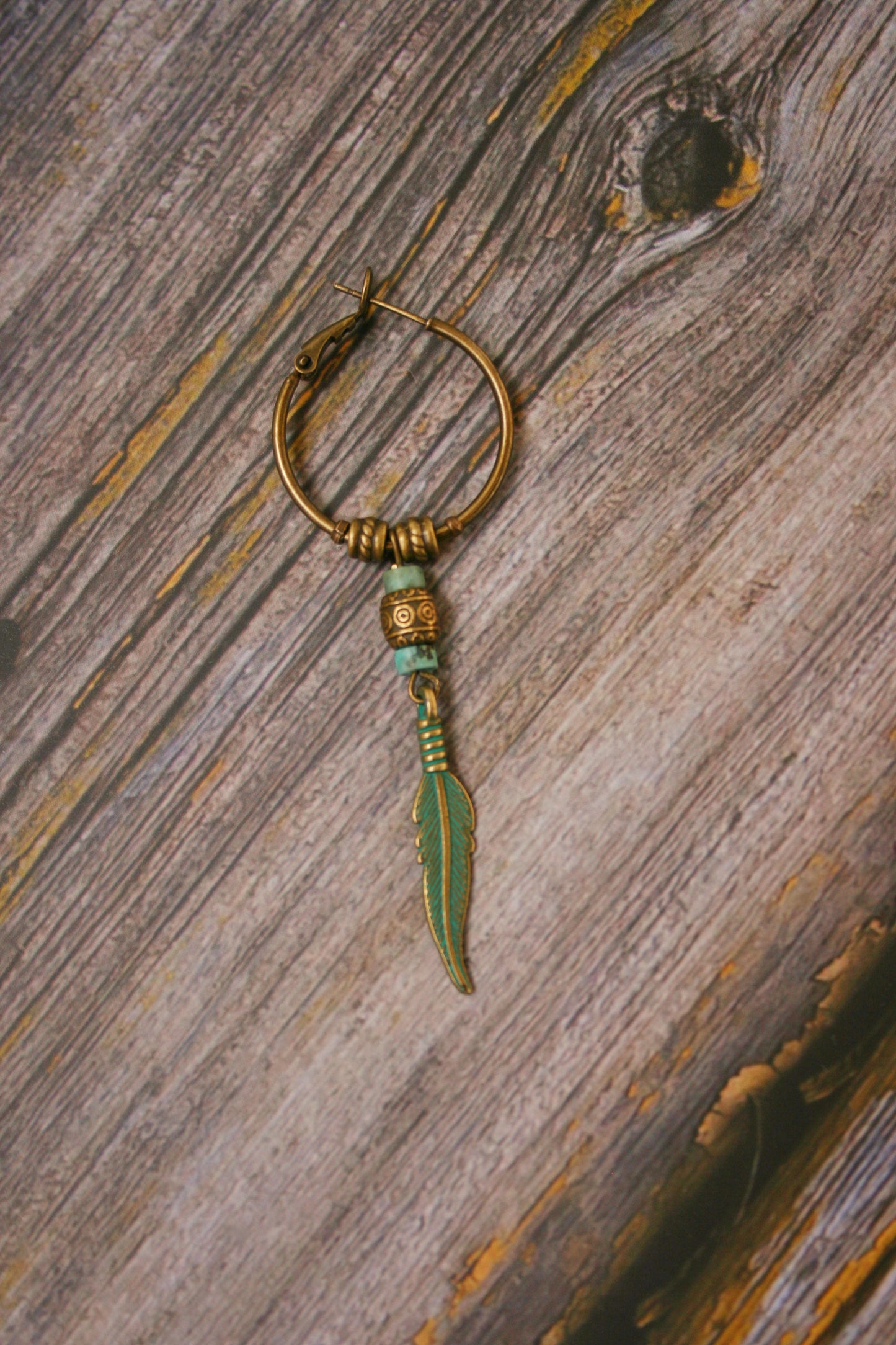 Feather Turquoise Earring for Men – Bronze Dangle Earring, Boho Men's Jewelry, Single Feather Earring, Handmade Gift for Him