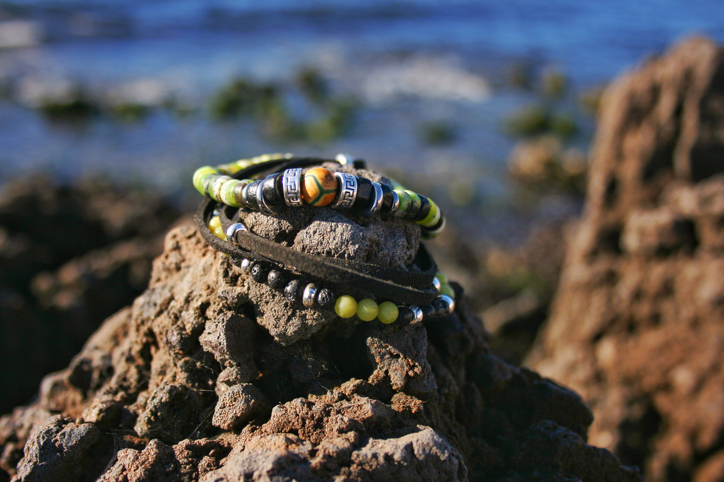 Mens Serpentine Stone Bracelet Set, Lava Bead Bracelet, Tibetan Agate Jewelry, Faux Leather Bracelet, Handmade Mens Gift