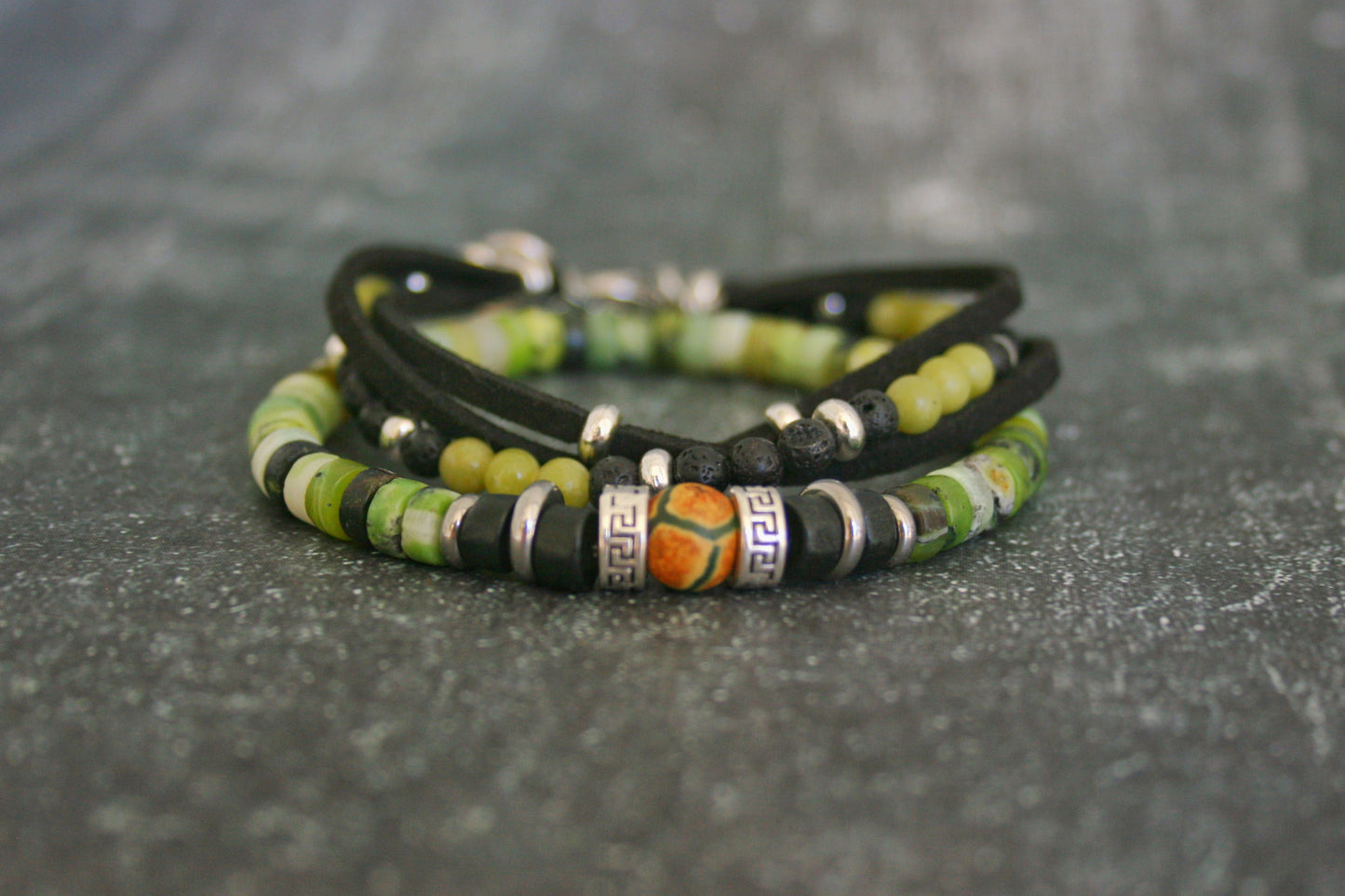 Mens Serpentine Stone Bracelet Set, Lava Bead Bracelet, Tibetan Agate Jewelry, Faux Leather Bracelet, Handmade Mens Gift