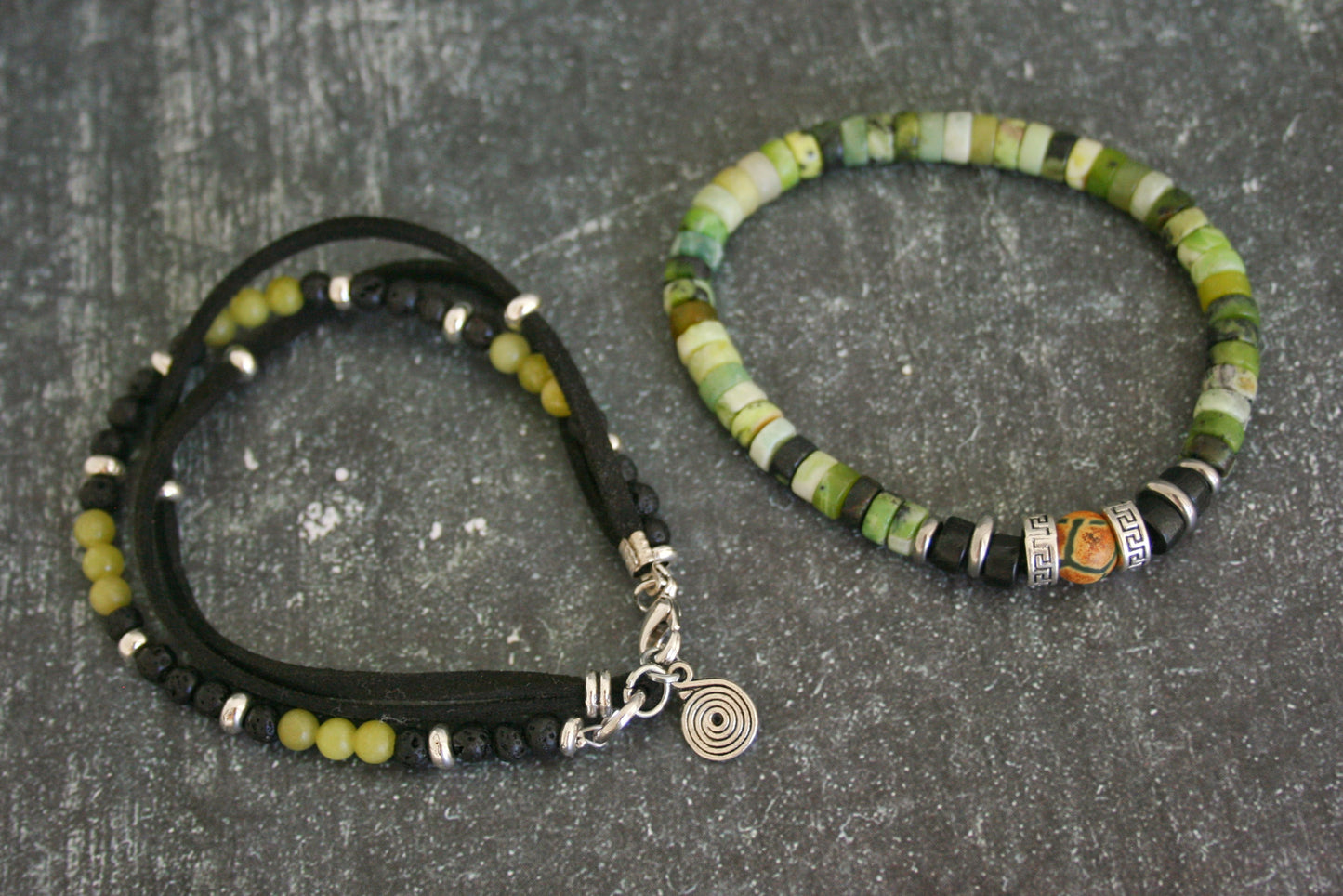 Mens Serpentine Stone Bracelet Set, Lava Bead Bracelet, Tibetan Agate Jewelry, Faux Leather Bracelet, Handmade Mens Gift