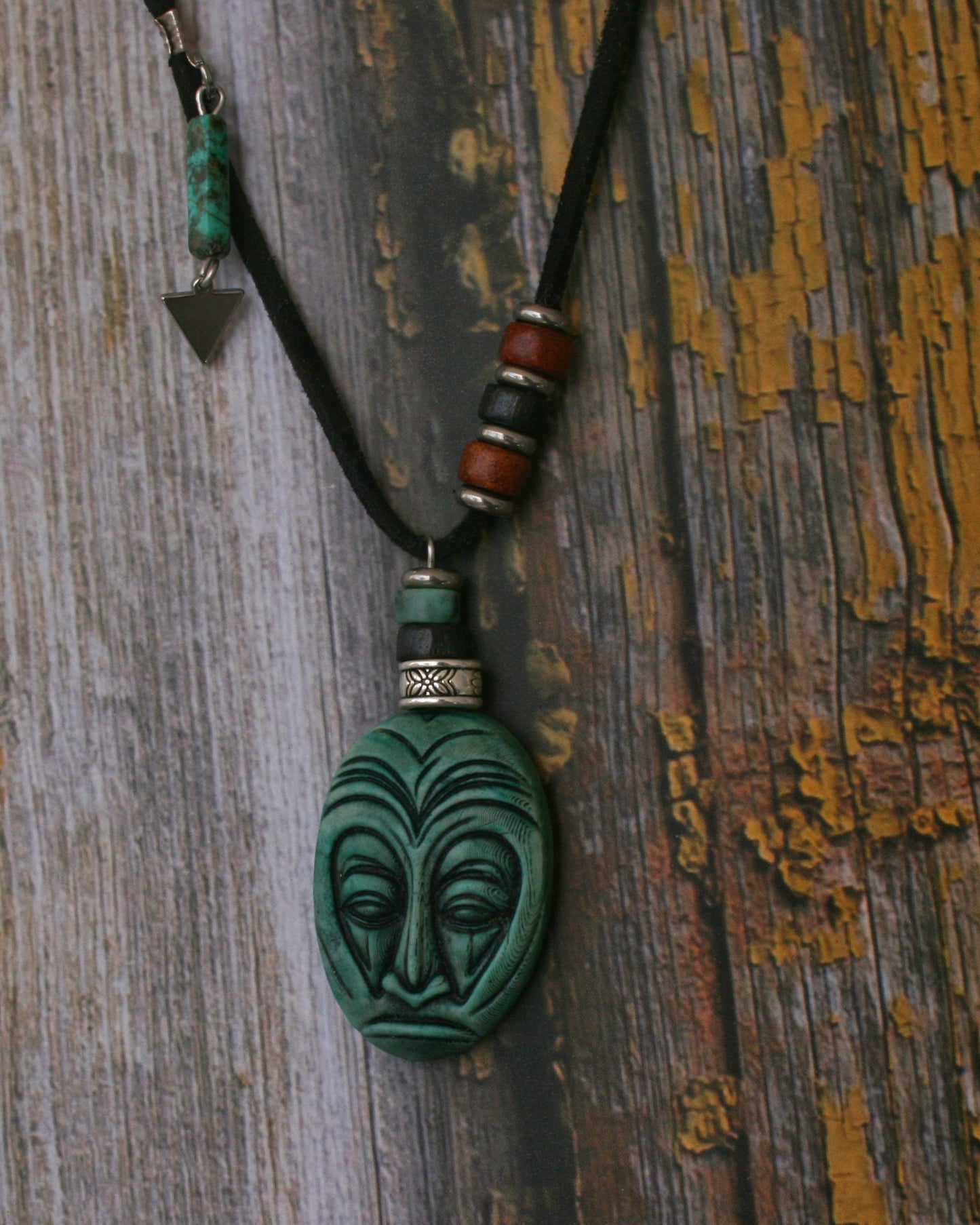 Handmade Tribal Mask Pendant Necklace – Tiki Maori Polymer Clay Amulet, Boho Ethnic Turquoise Necklace for Men & Women