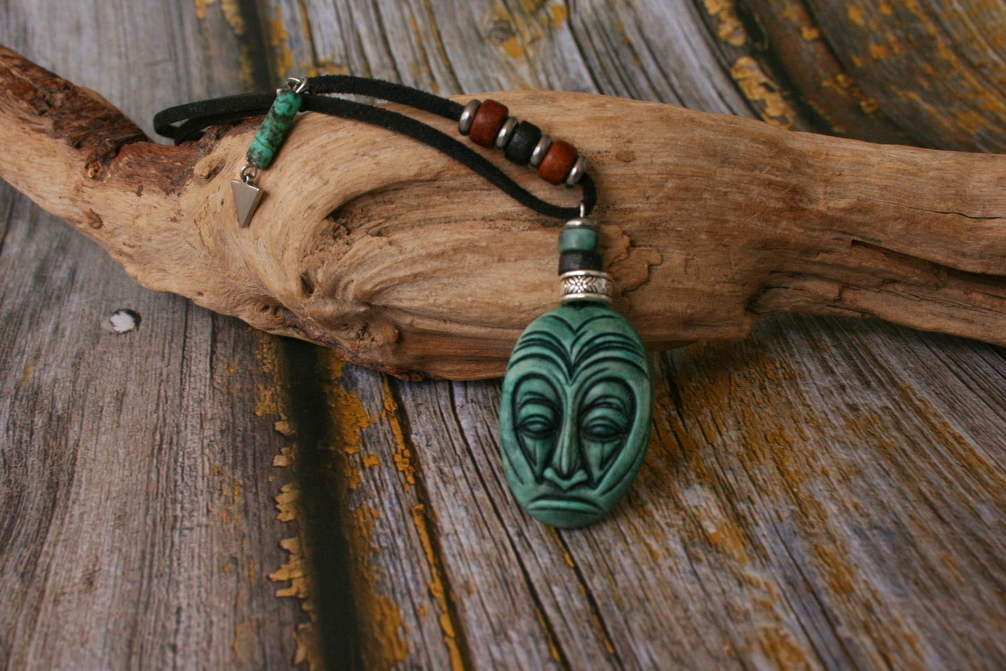Handmade Tribal Mask Pendant Necklace – Tiki Maori Polymer Clay Amulet, Boho Ethnic Turquoise Necklace for Men & Women