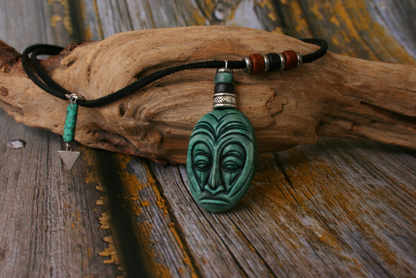 Handmade Tribal Mask Pendant Necklace – Tiki Maori Polymer Clay Amulet, Boho Ethnic Turquoise Necklace for Men & Women
