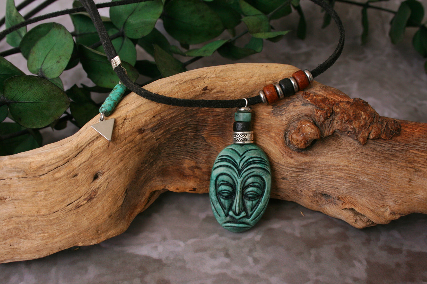 Handmade Tribal Mask Pendant Necklace – Tiki Maori Polymer Clay Amulet, Boho Ethnic Turquoise Necklace for Men & Women